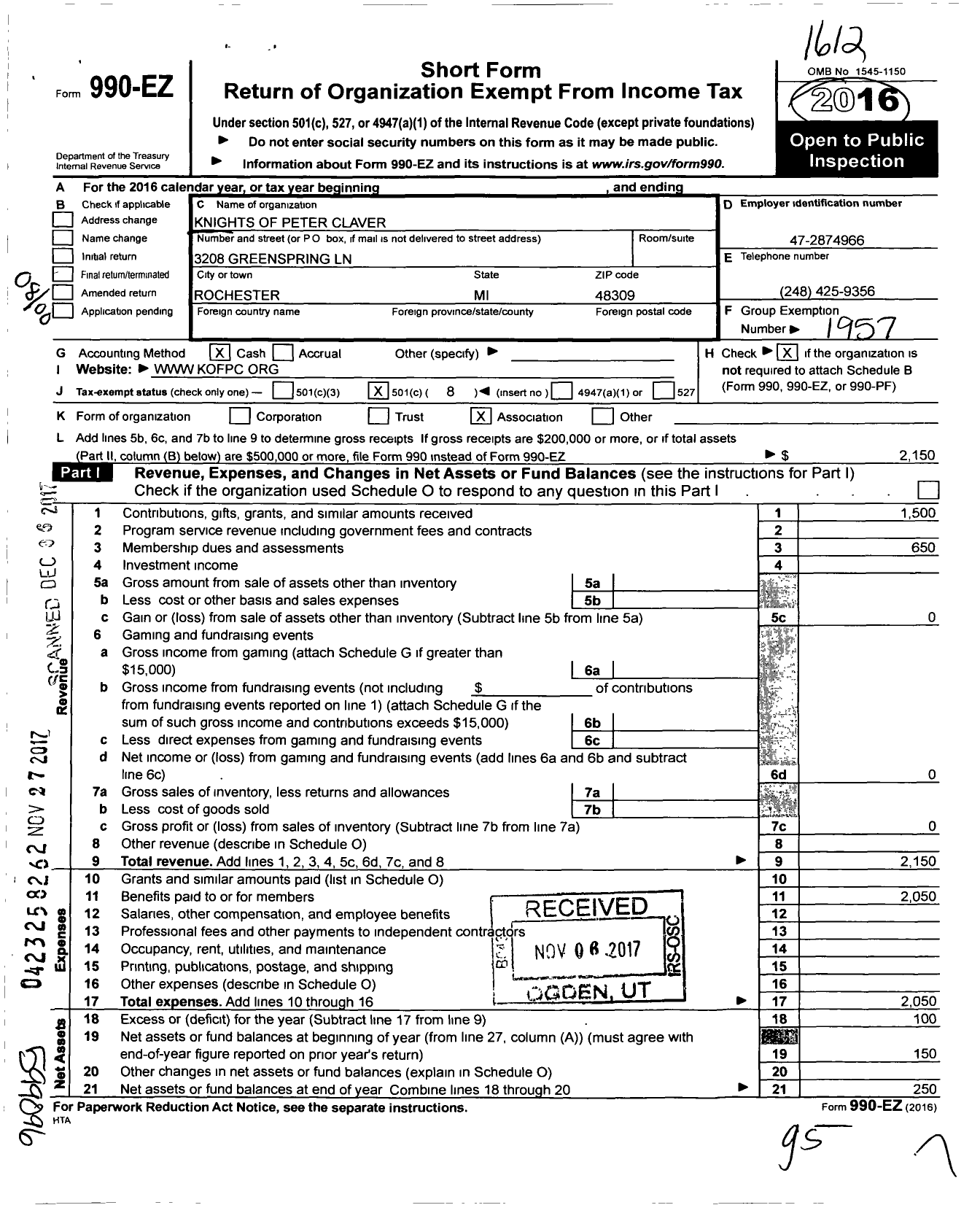 Image of first page of 2016 Form 990EO for Knights of Peter Claver - 303 St Vincent de Paul Council