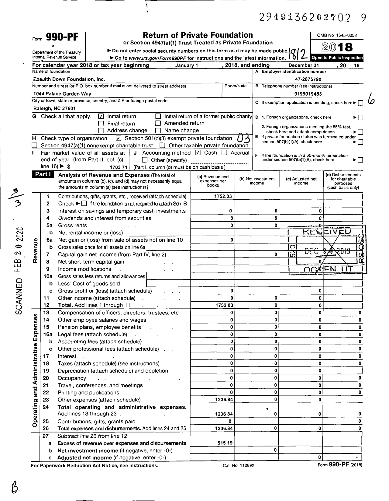 Image of first page of 2018 Form 990PF for The 4th Down Foundation