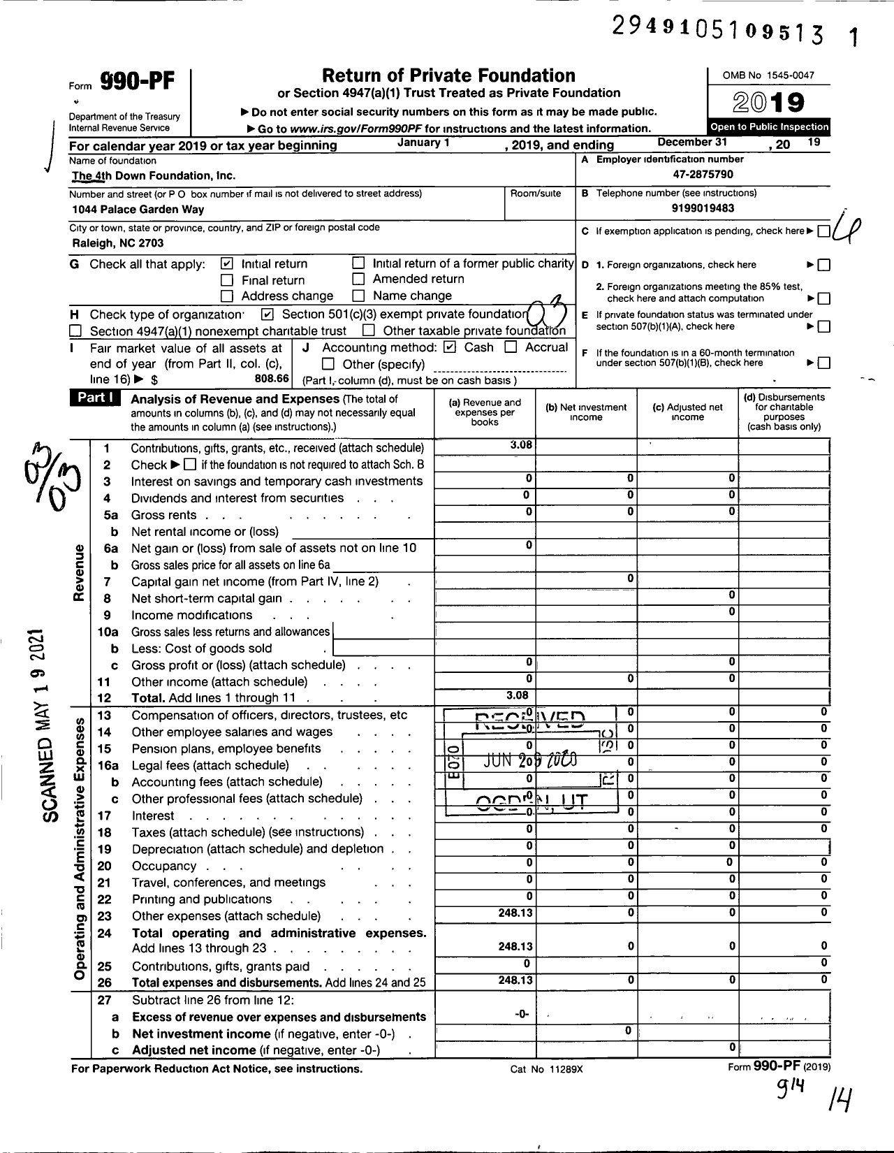 Image of first page of 2019 Form 990PF for The 4th Down Foundation