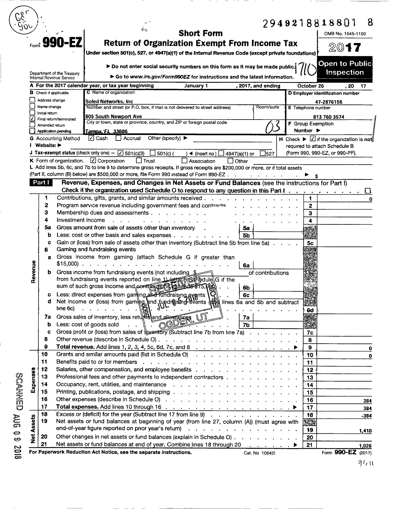 Image of first page of 2016 Form 990EZ for Soleil Networks