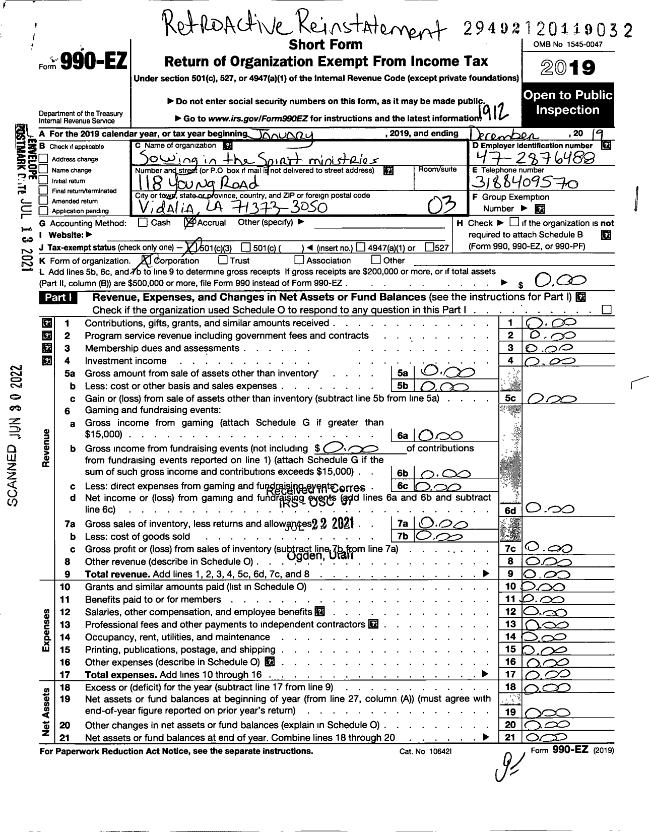 Image of first page of 2019 Form 990EZ for Sowing in the Spirit Ministries