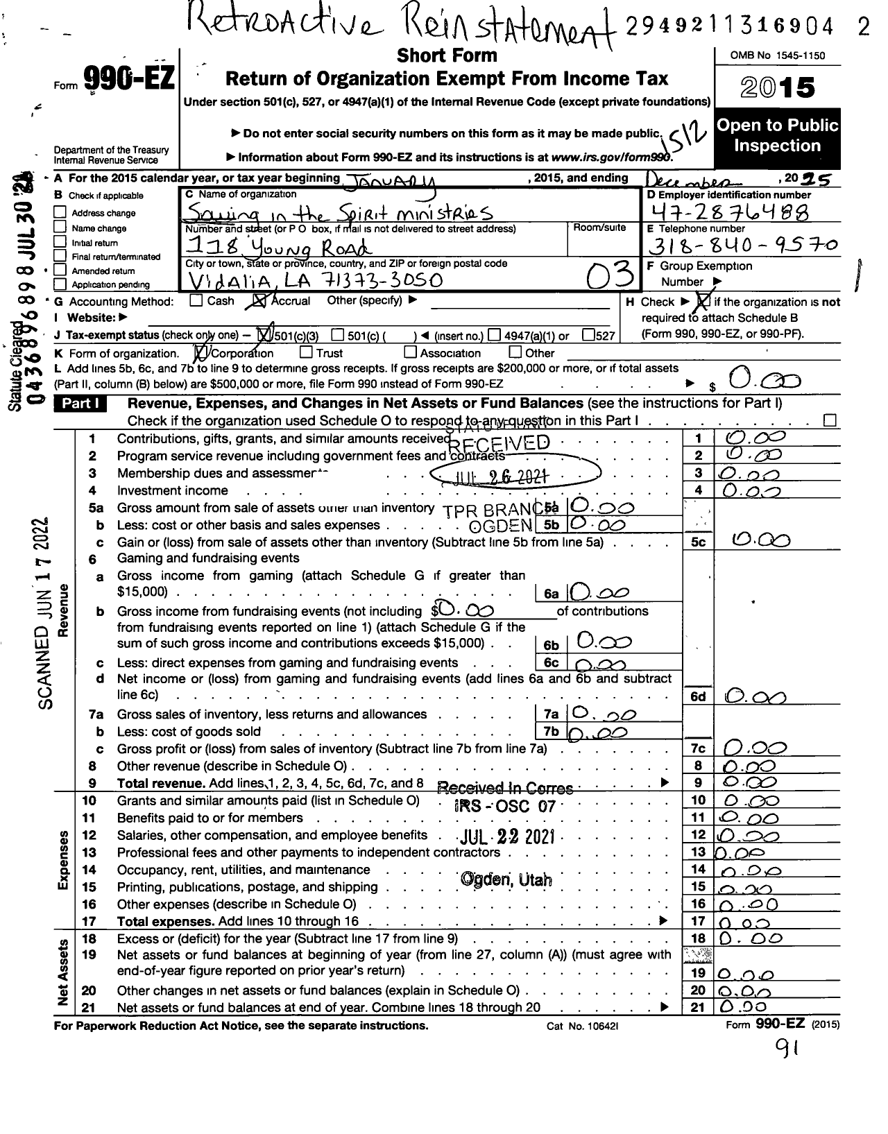 Image of first page of 2015 Form 990EZ for Sowing in the Spirit Ministries