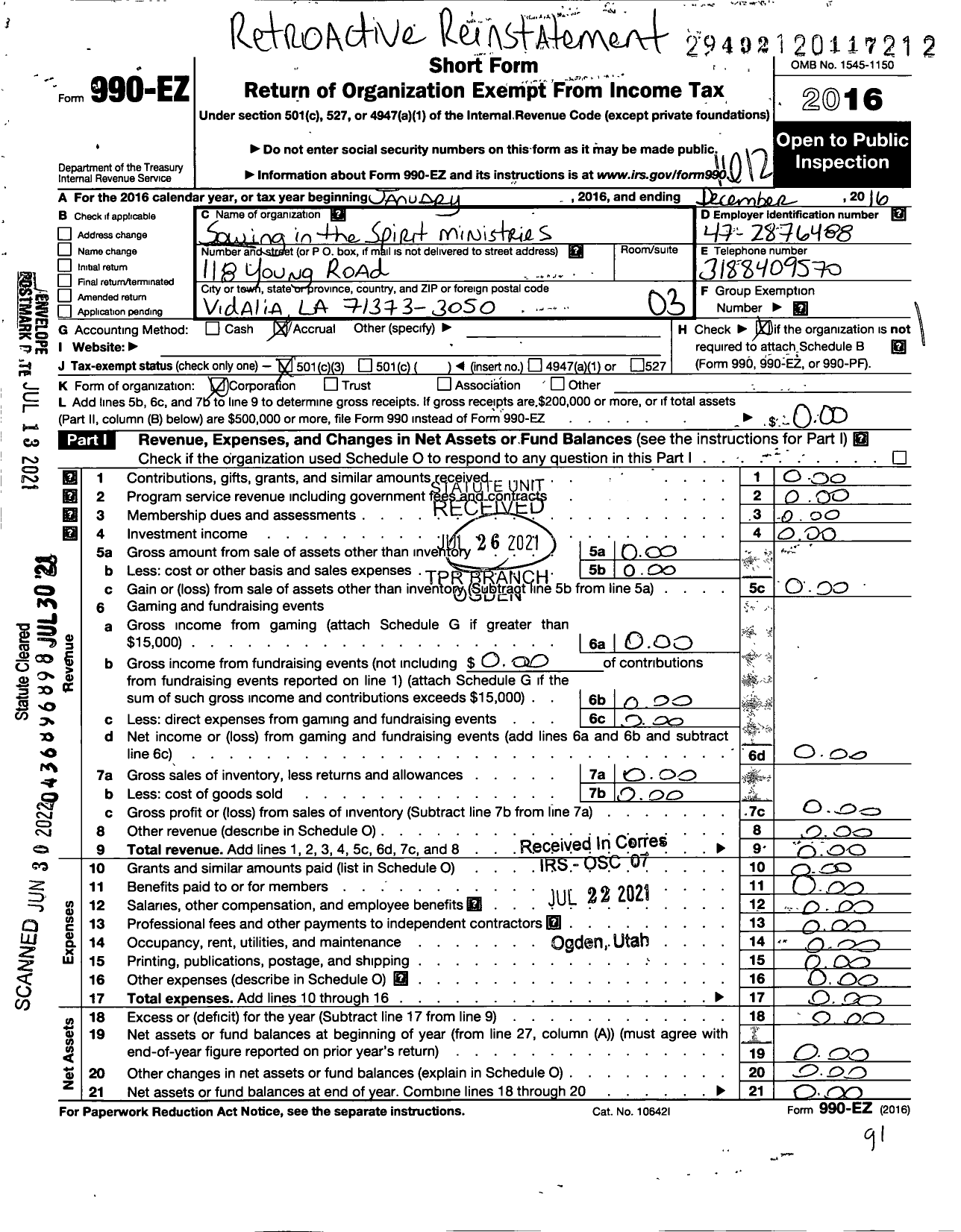 Image of first page of 2016 Form 990EZ for Sowing in the Spirit Ministries