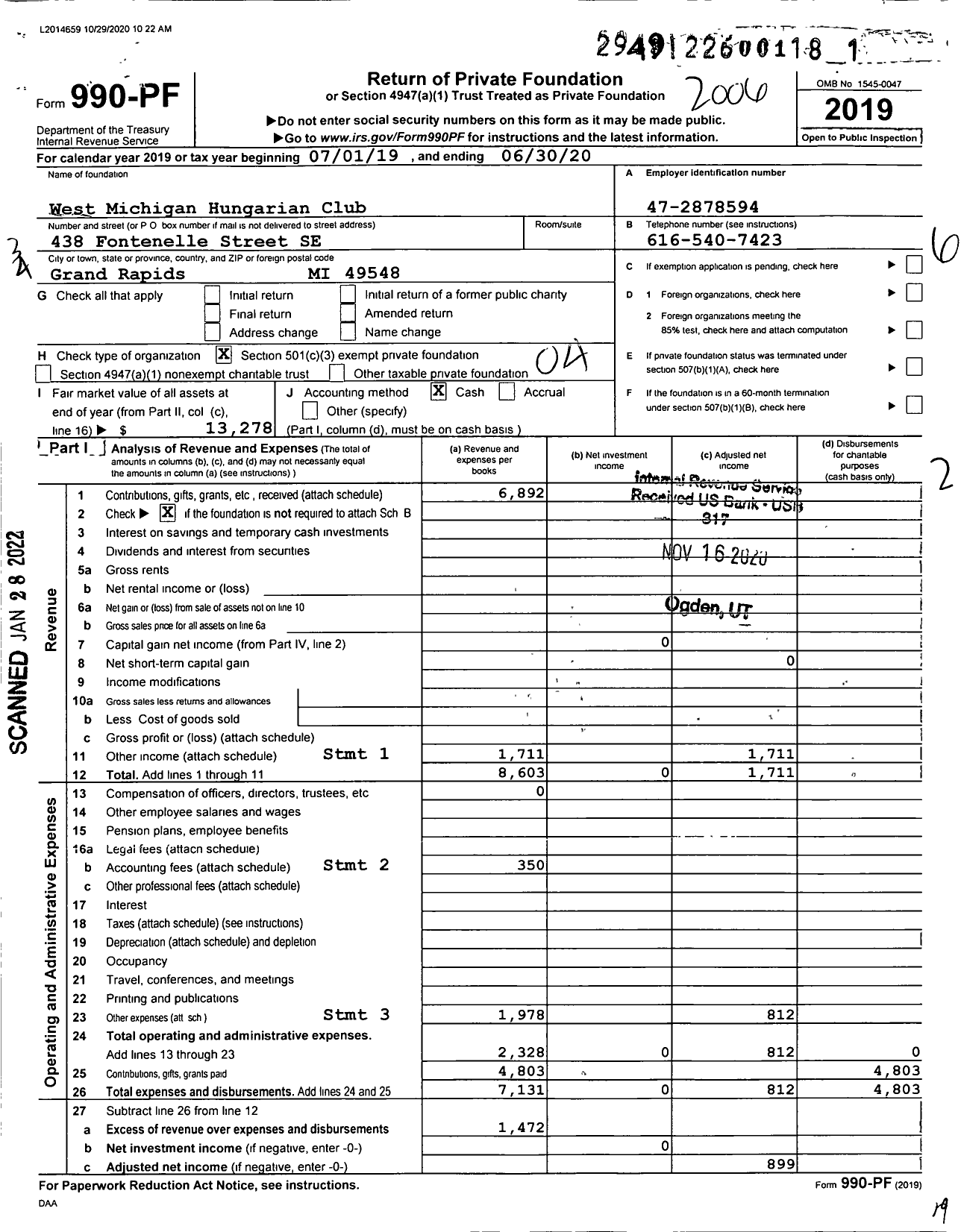 Image of first page of 2019 Form 990PF for West Michigan Hungarian Club