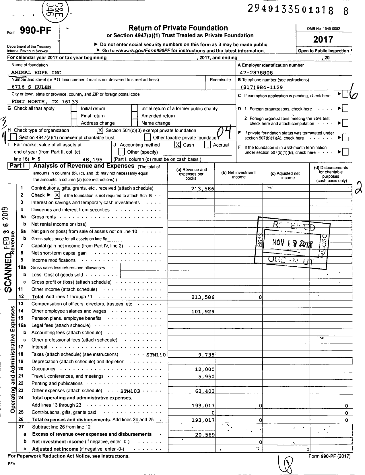 Image of first page of 2017 Form 990PF for Animal Hope