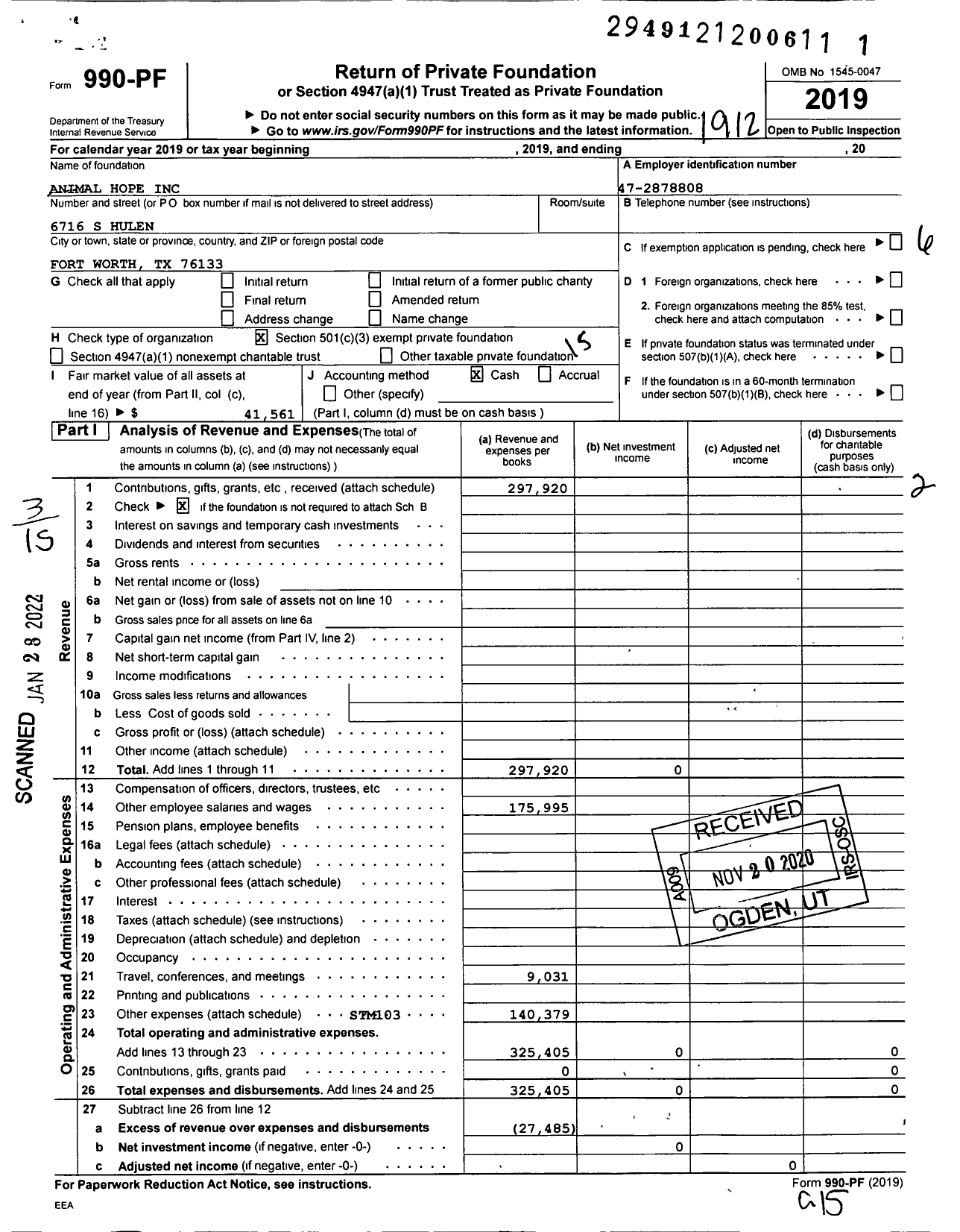 Image of first page of 2019 Form 990PF for Animal Hope