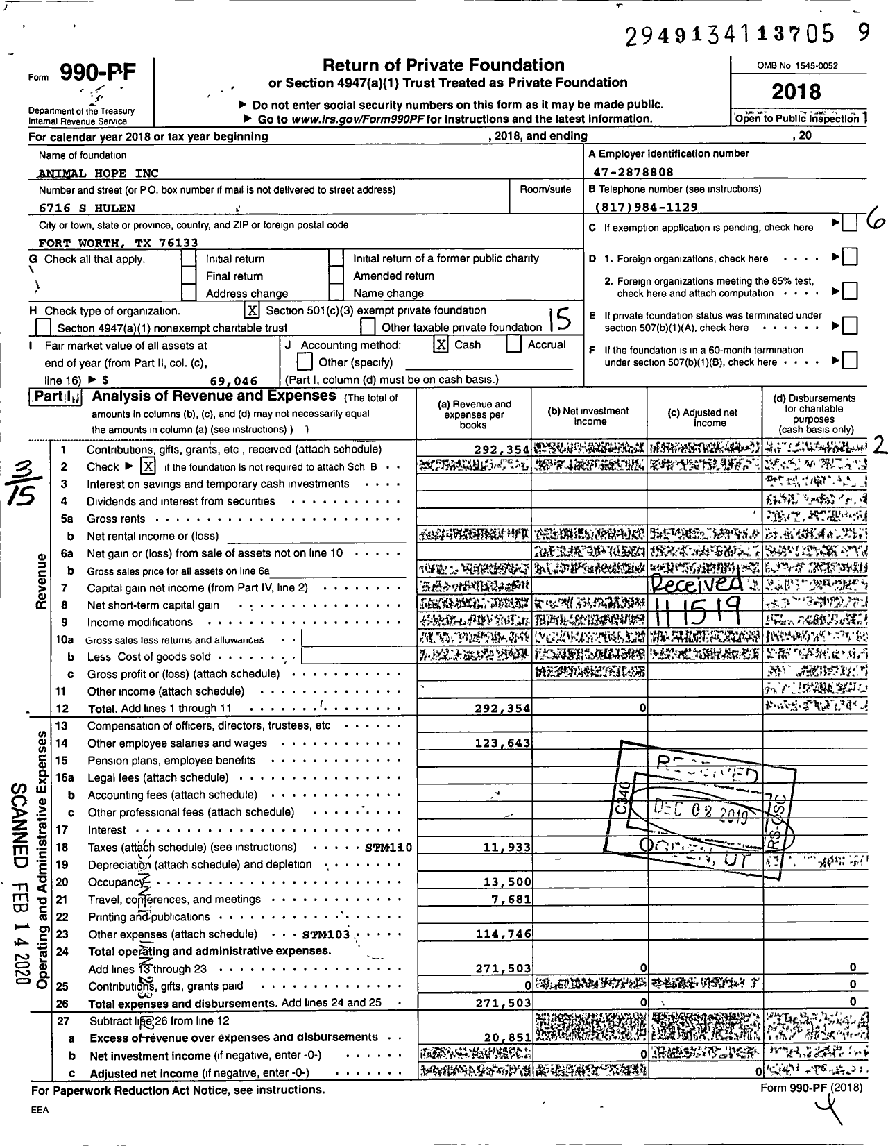 Image of first page of 2018 Form 990PF for Animal Hope