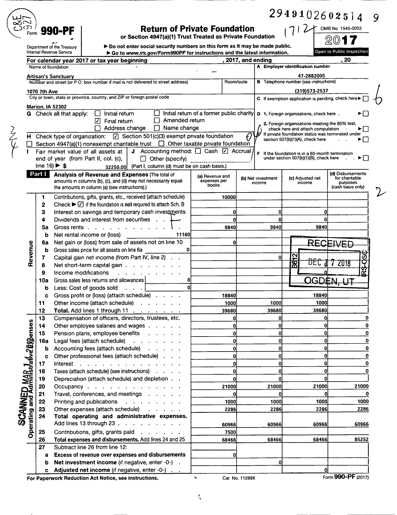 Image of first page of 2017 Form 990PF for Artisans Sanctuary