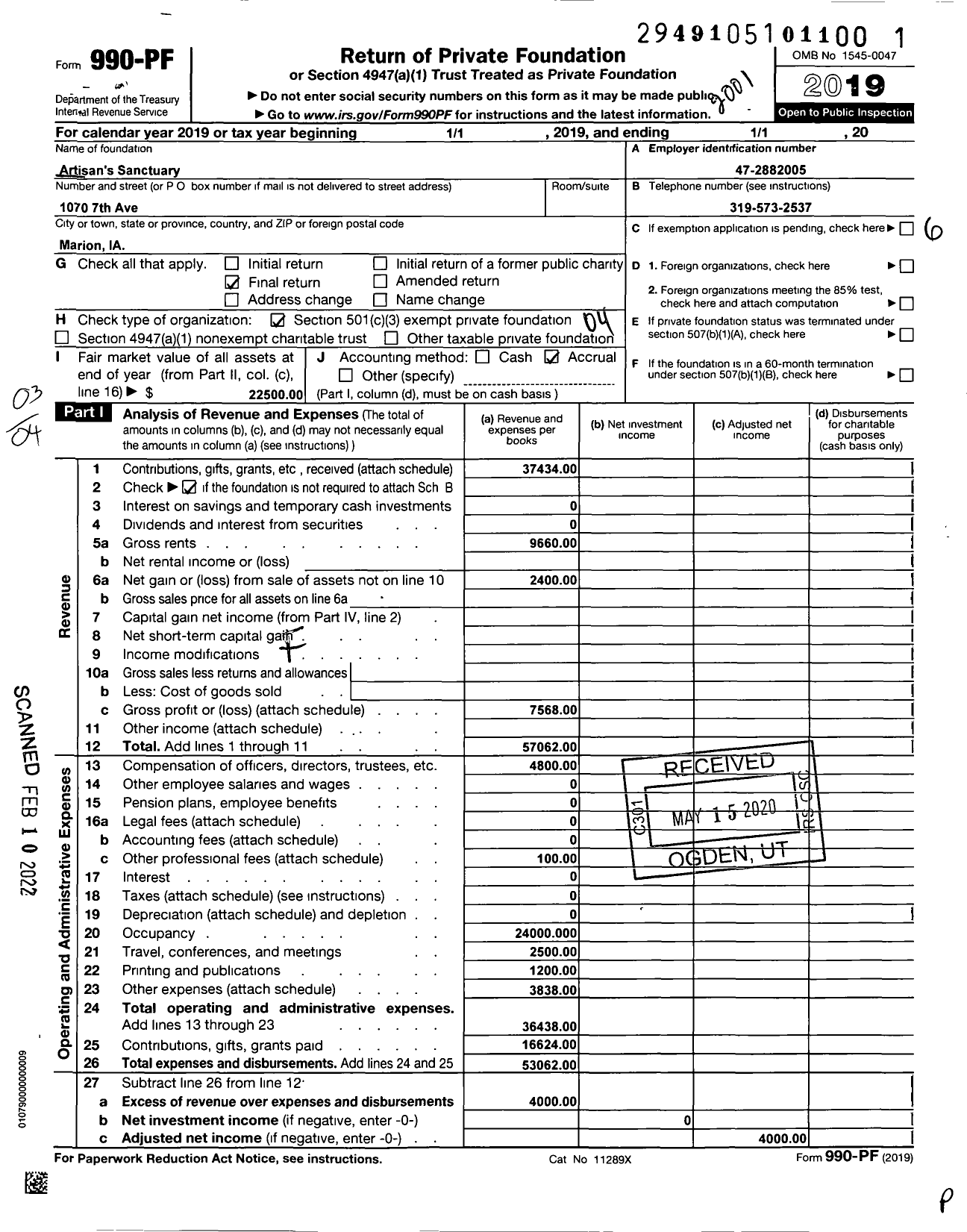 Image of first page of 2019 Form 990PF for Artisans Sanctuary