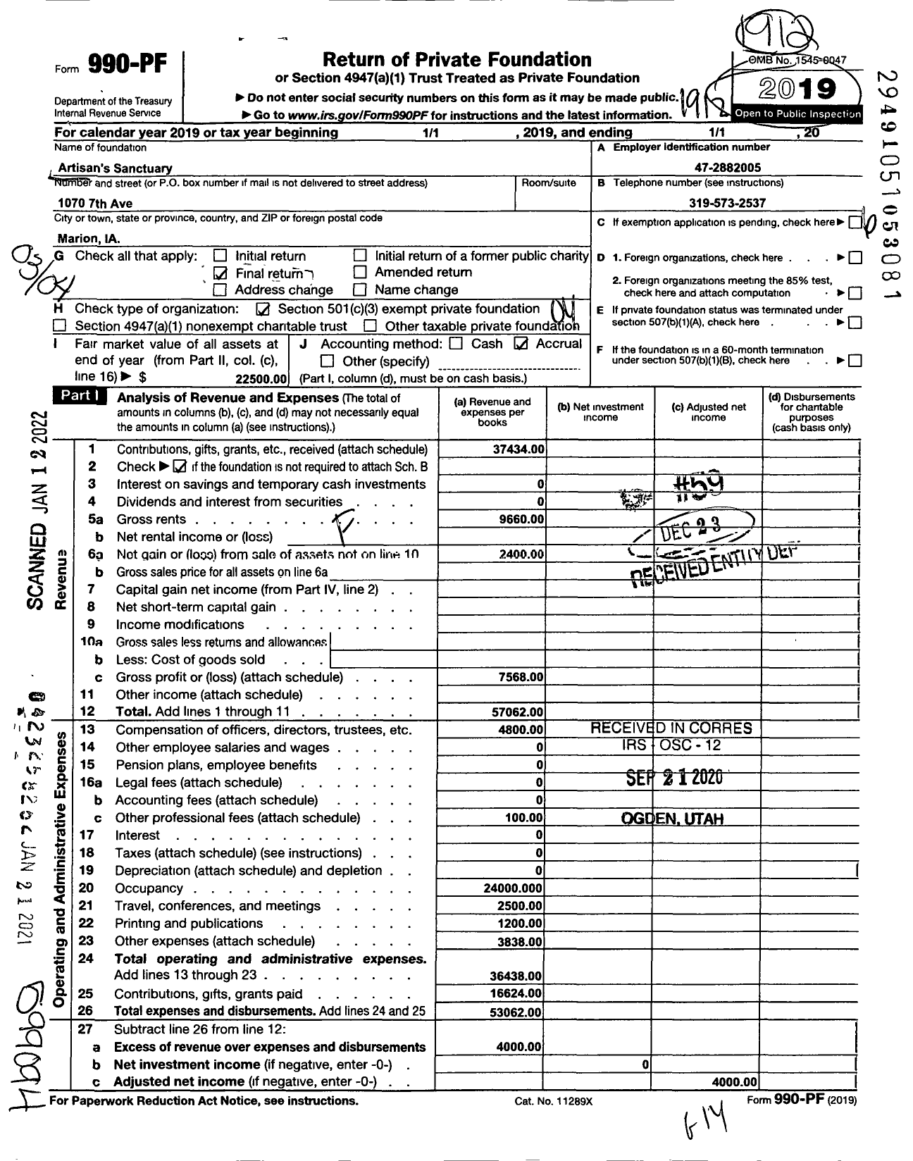 Image of first page of 2019 Form 990PF for Artisans Sanctuary