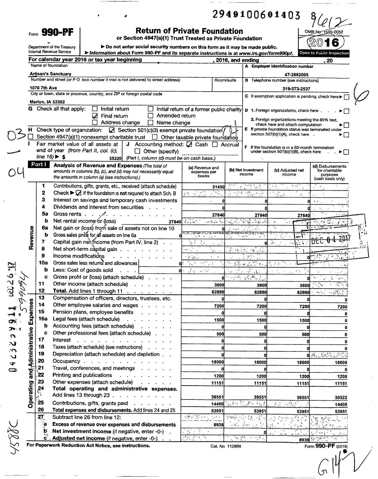 Image of first page of 2016 Form 990PF for Artisans Sanctuary