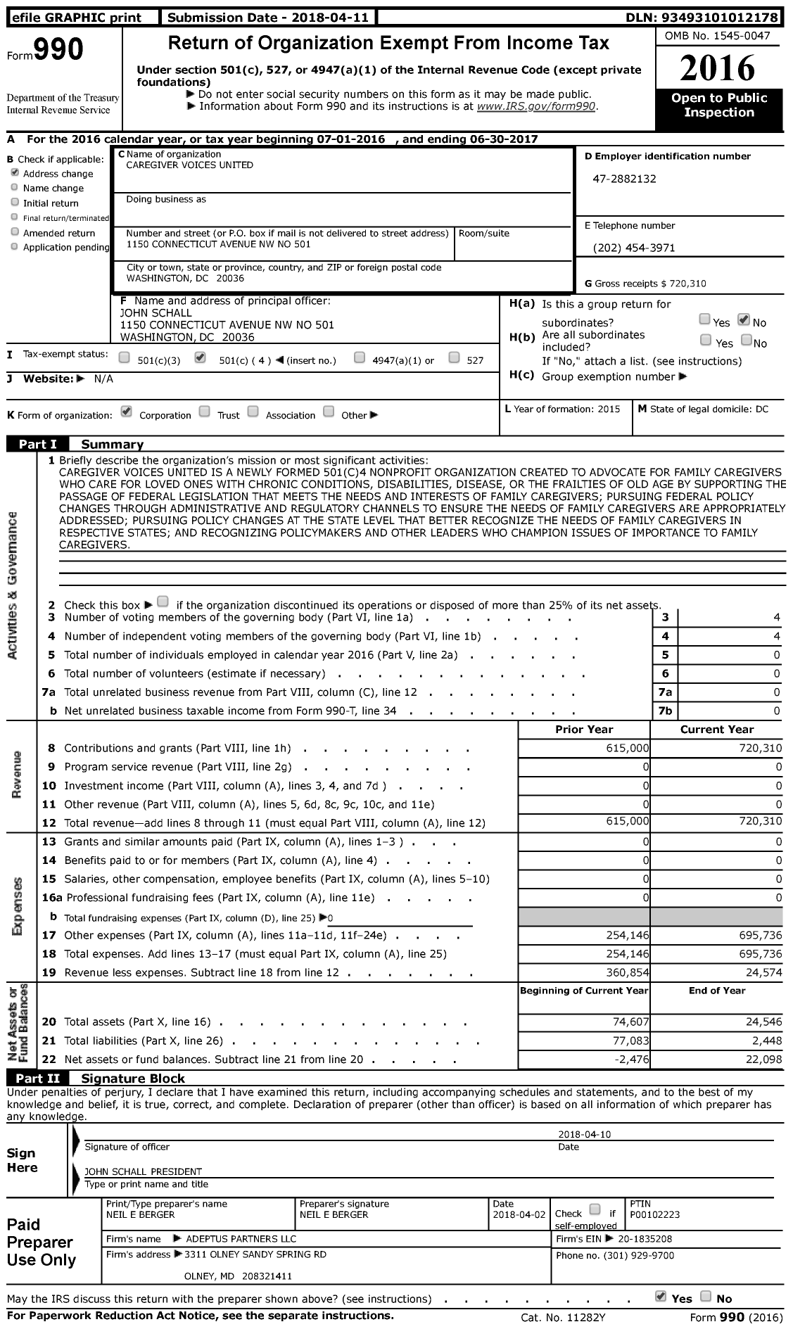 Image of first page of 2016 Form 990 for Caregiver Voices United