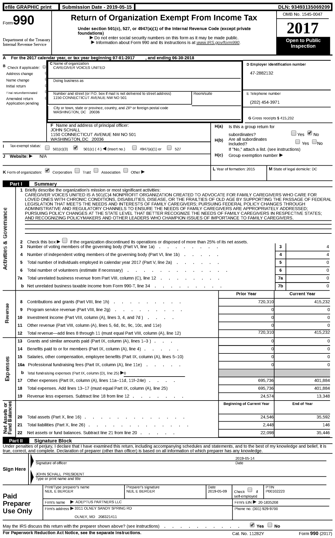 Image of first page of 2017 Form 990 for Caregiver Voices United