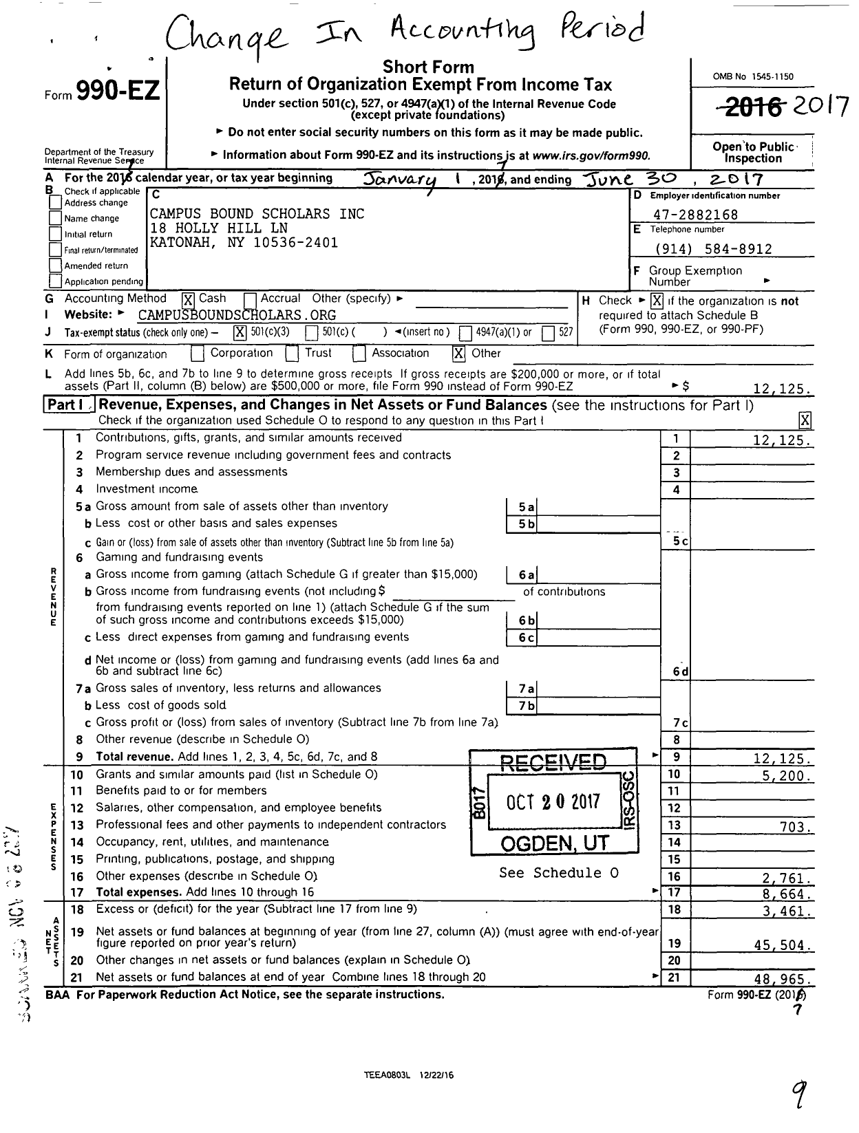 Image of first page of 2016 Form 990EZ for Campus Bound Scholars