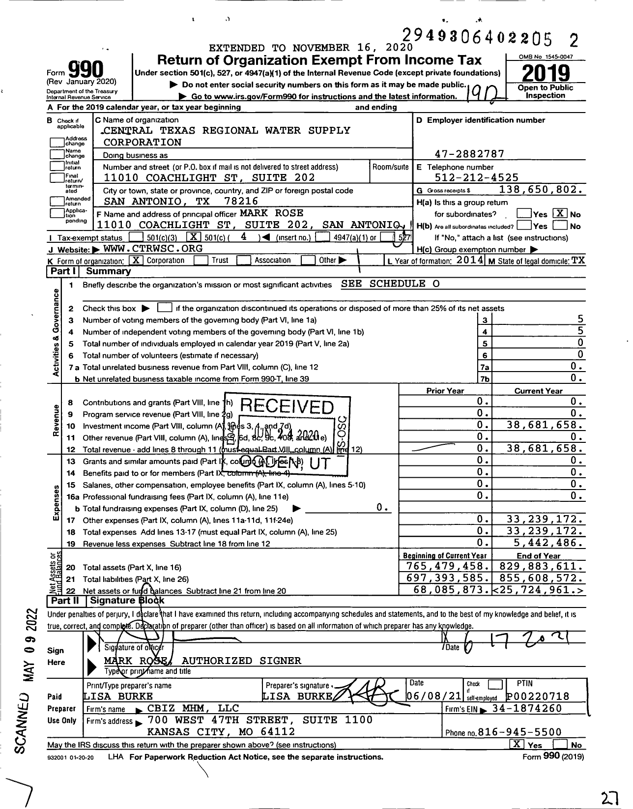 Image of first page of 2019 Form 990O for Central Texas Regional Water Supply Corporation