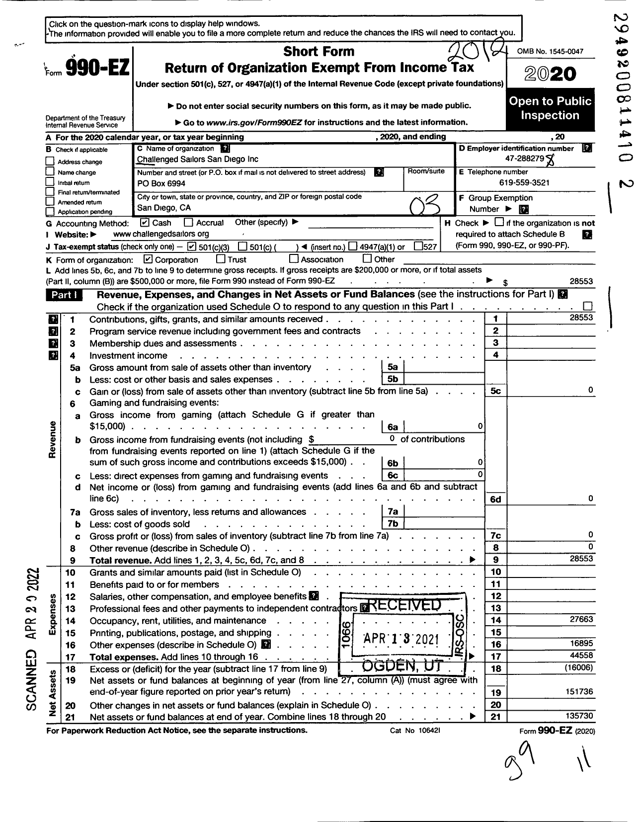 Image of first page of 2020 Form 990EZ for Challenged Sailors San Diego