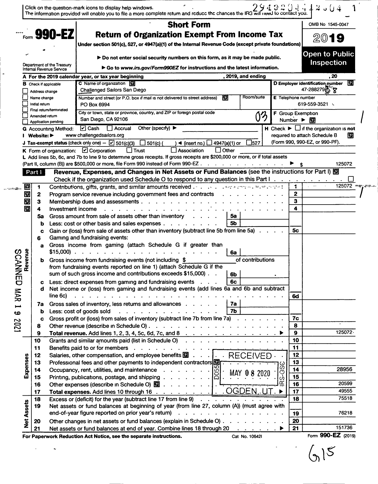 Image of first page of 2019 Form 990EZ for Challenged Sailors San Diego