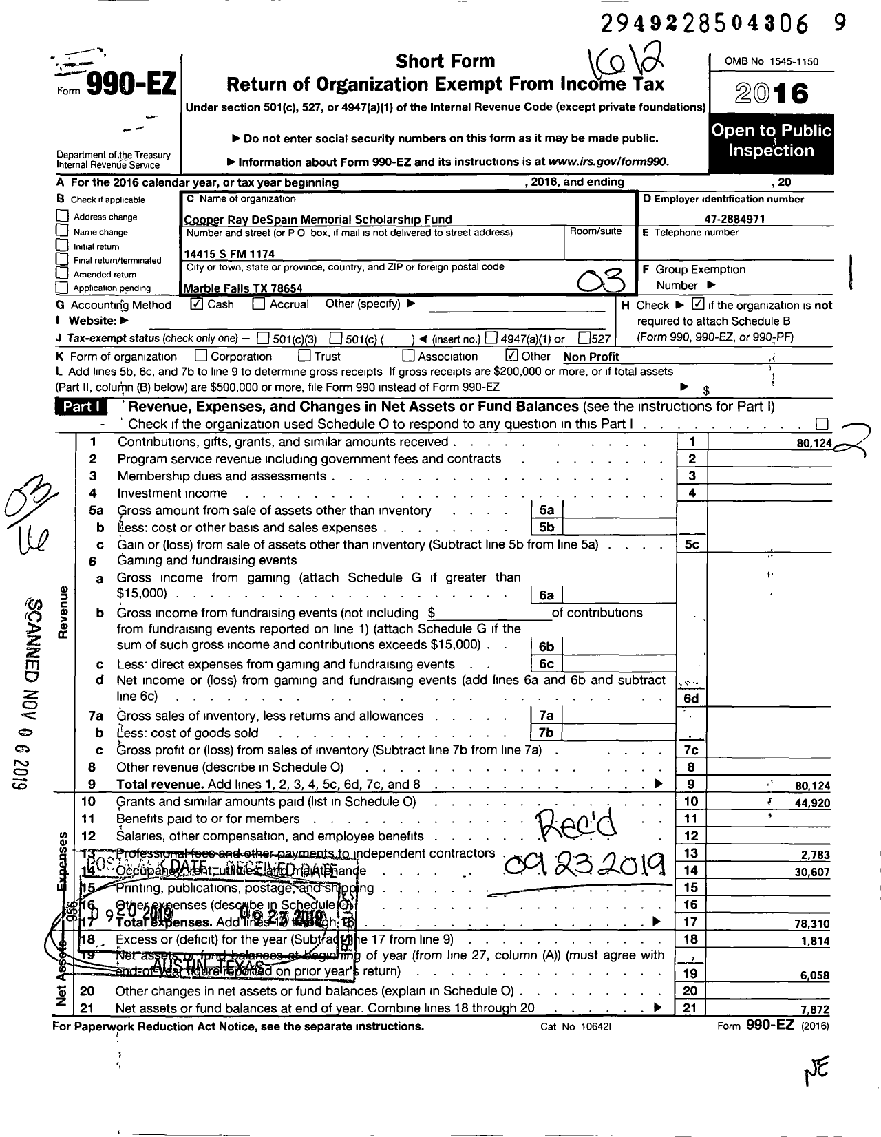 Image of first page of 2016 Form 990EZ for Cooper Ray Despain Memorial Scholarship Fund