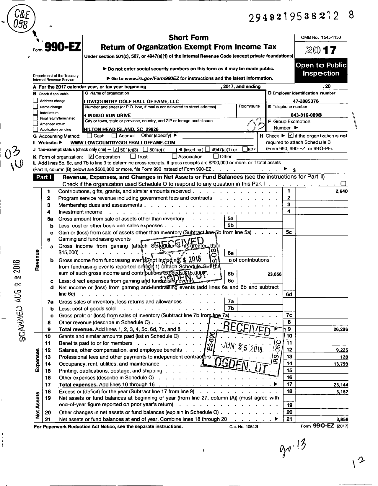 Image of first page of 2017 Form 990EZ for Lowcountry Golf Hall of Fame