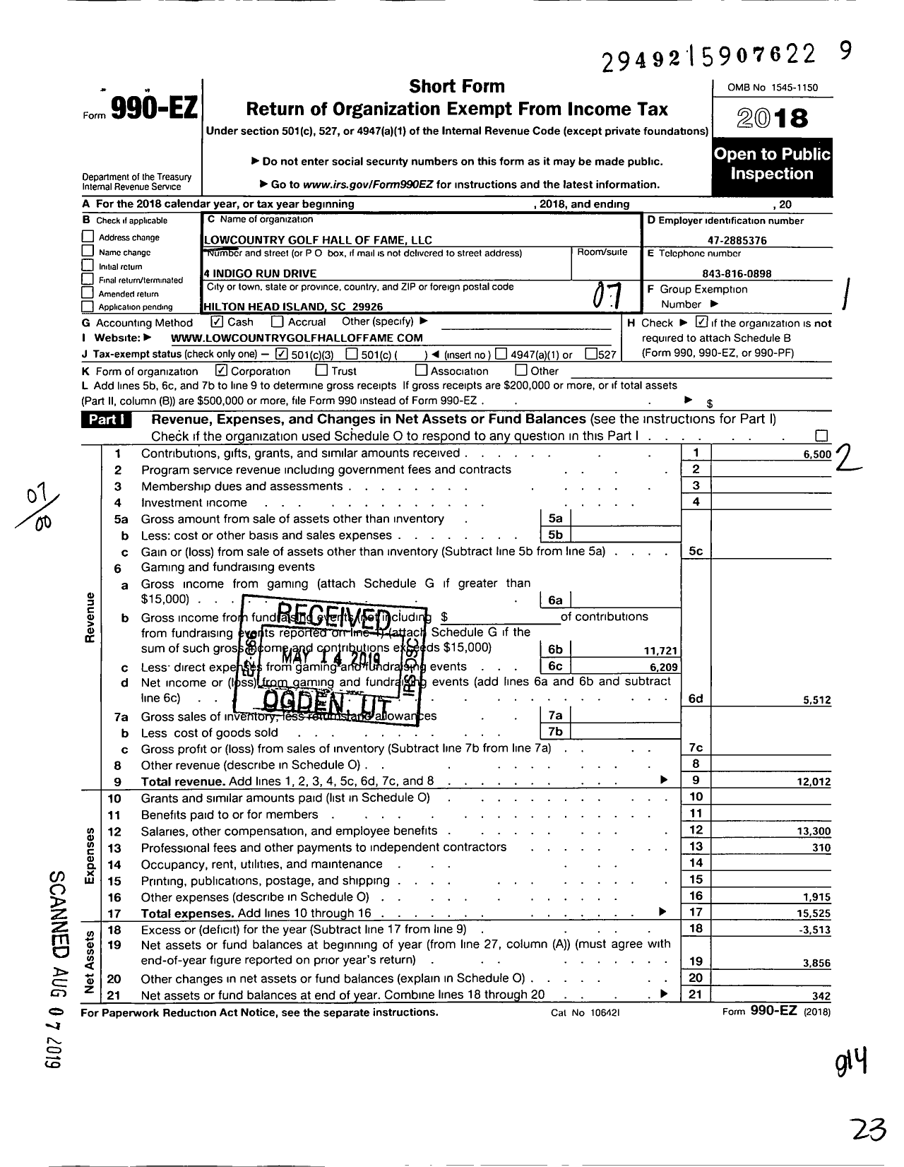 Image of first page of 2018 Form 990EO for Lowcountry Golf Hall of Fame