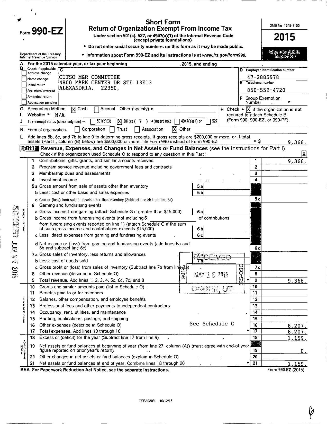 Image of first page of 2015 Form 990EO for Cttso M&R Committee