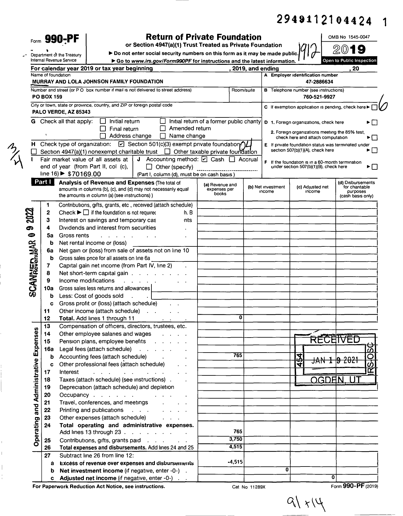 Image of first page of 2019 Form 990PF for Murray and Lola Johnson Family Foundation