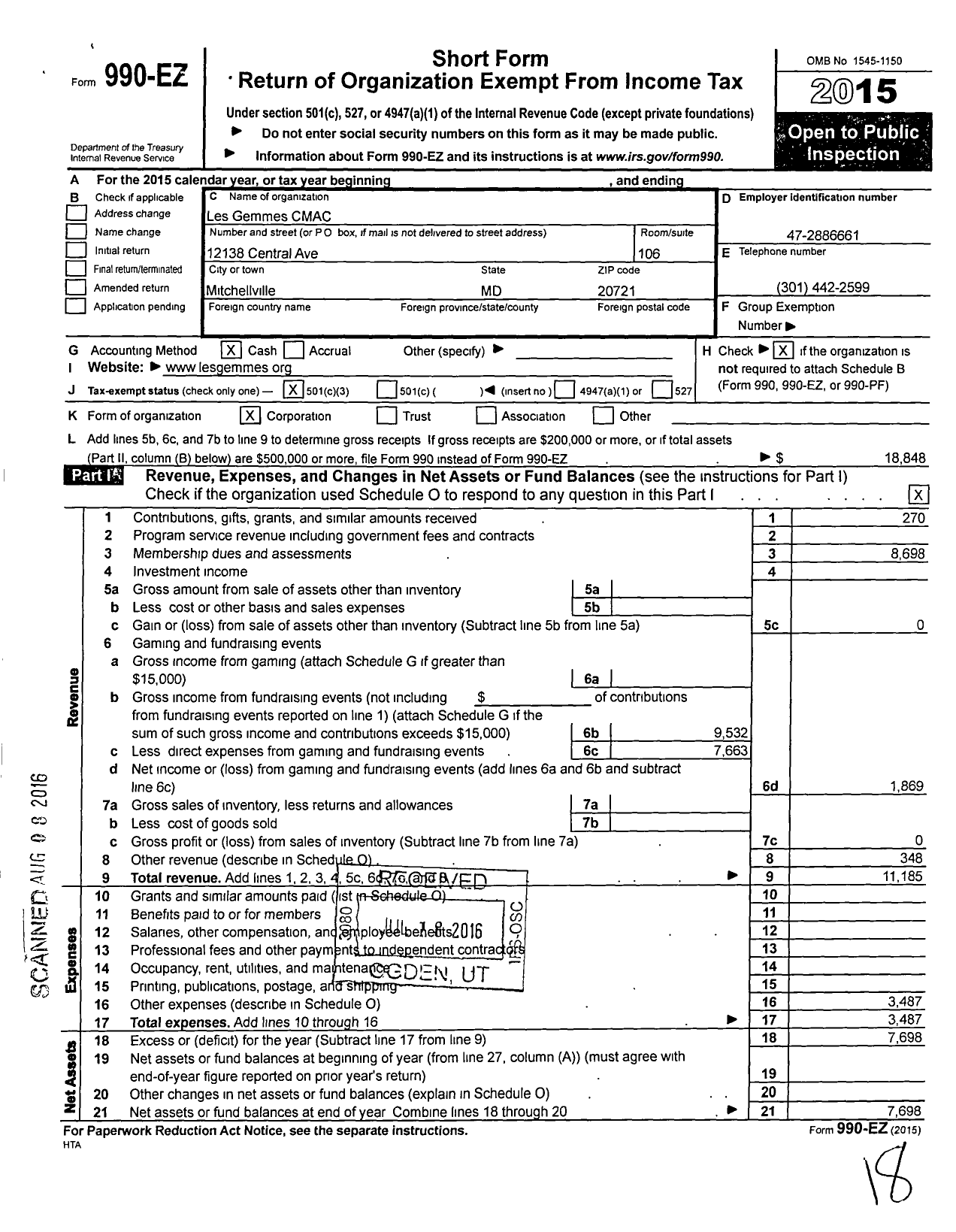 Image of first page of 2015 Form 990EZ for Les Gemmes CMAC