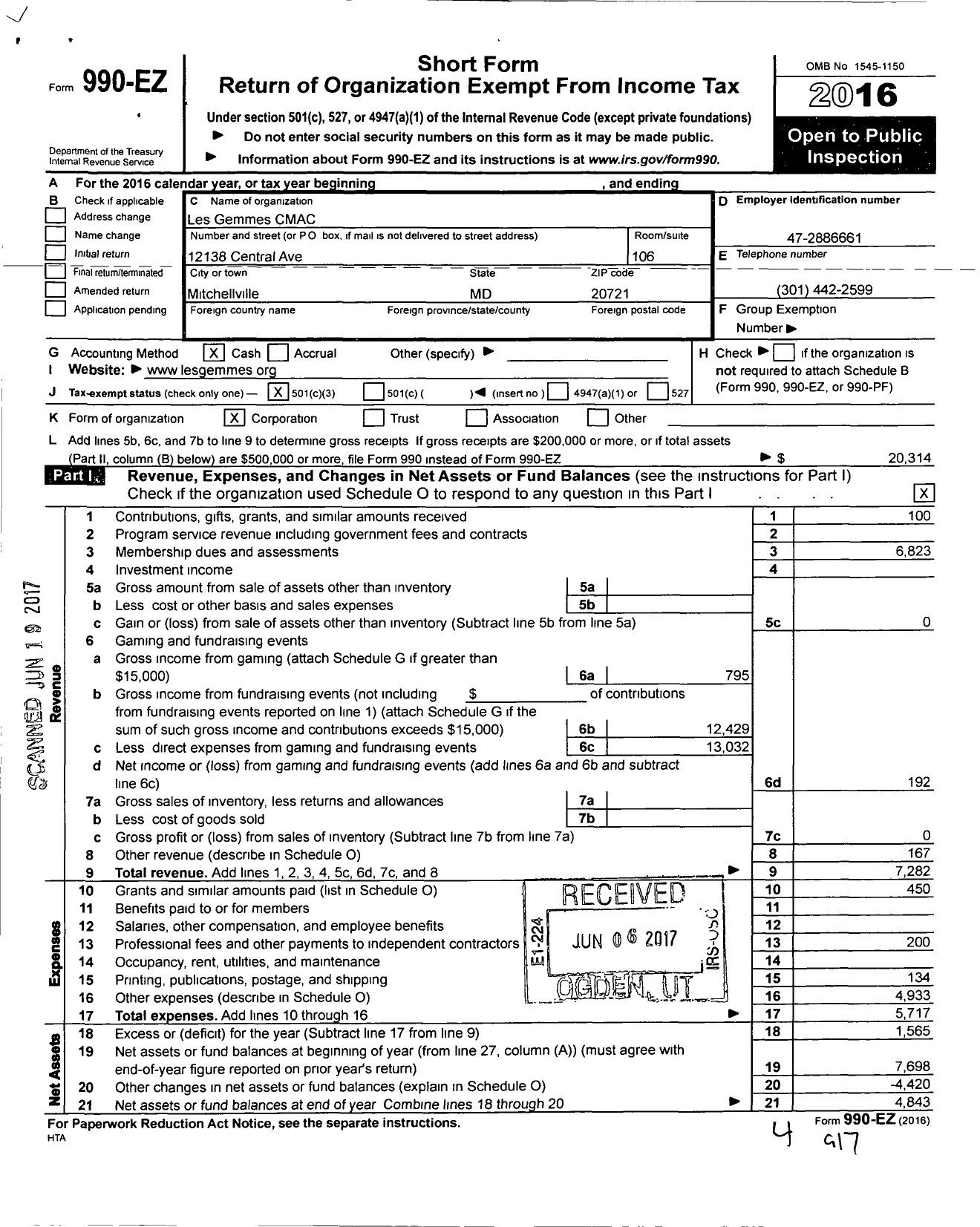 Image of first page of 2016 Form 990EZ for Les Gemmes CMAC