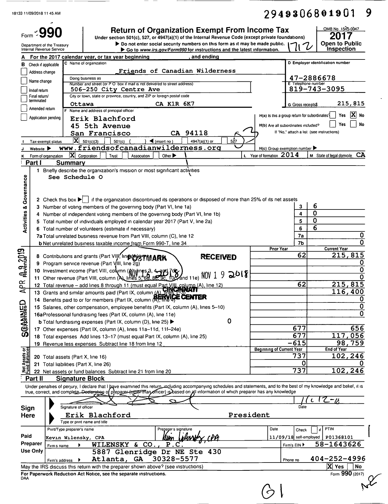 Image of first page of 2017 Form 990 for Friends of Canadian Wilderness