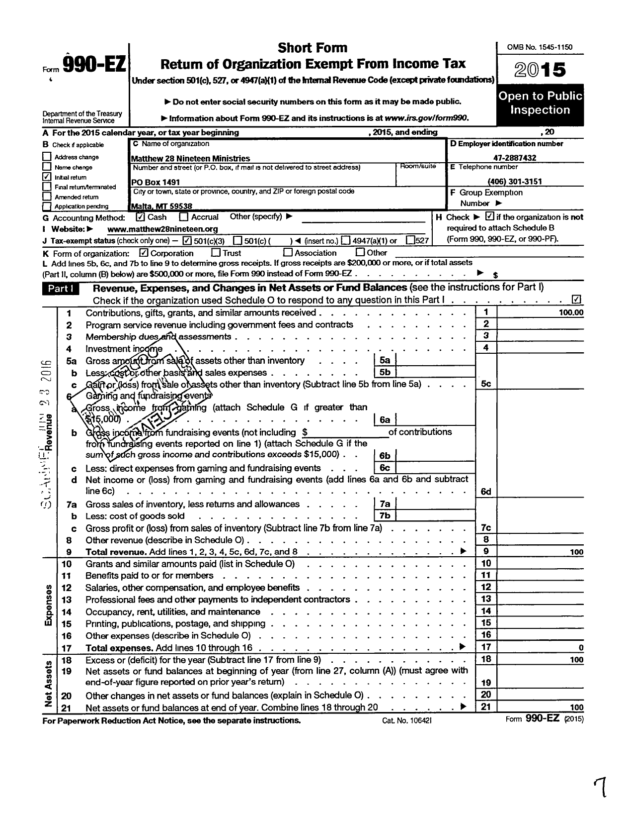 Image of first page of 2015 Form 990EZ for Matthew 28 Nineteen Ministries