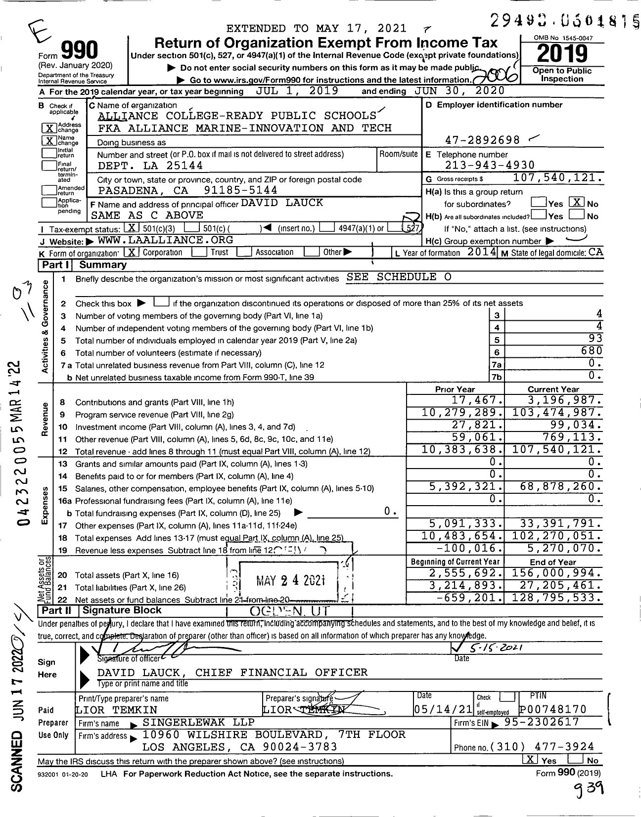 Image of first page of 2019 Form 990 for Alliance College-Ready Public Schools