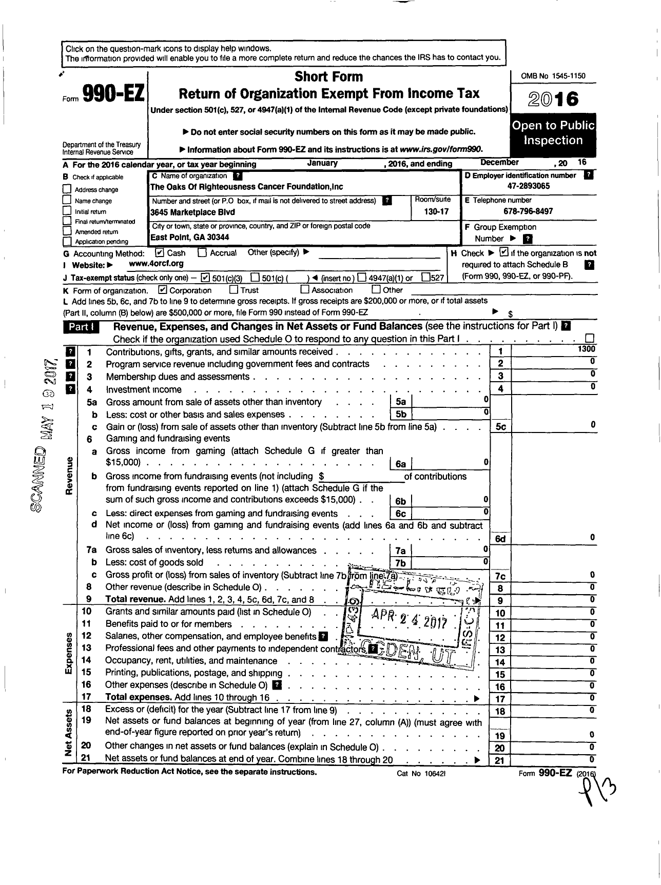 Image of first page of 2016 Form 990EZ for The Oaks of Righteousness Cancer Foundation