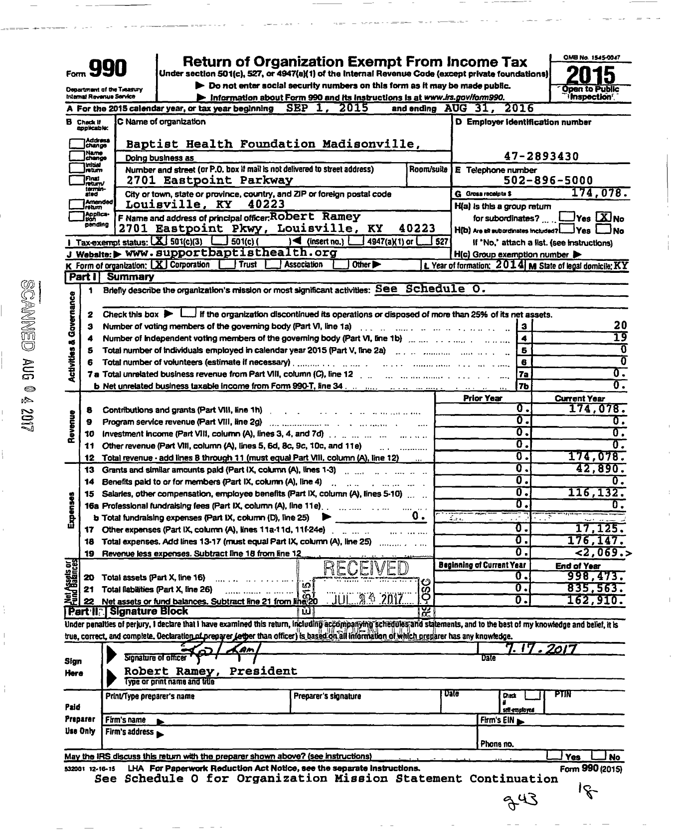 Image of first page of 2015 Form 990 for Baptist Health Deaconess Madisonville Foundation