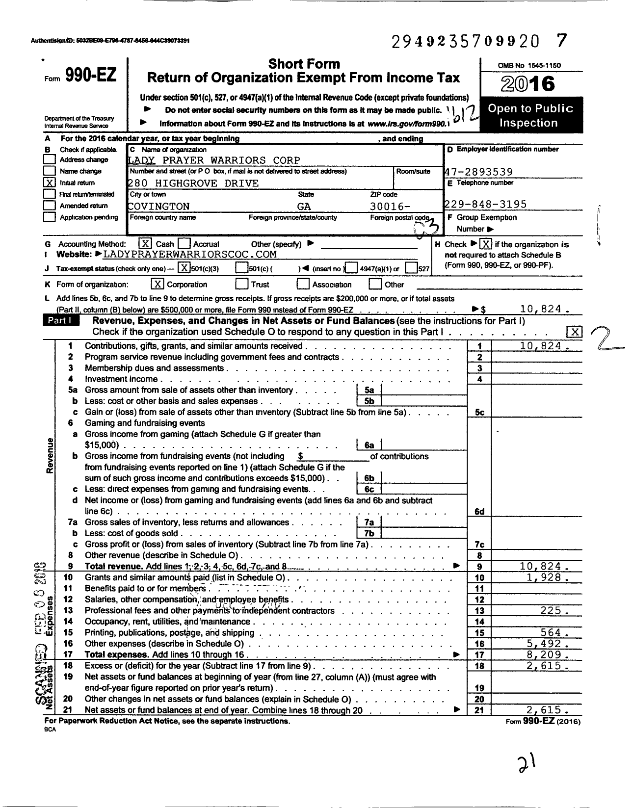 Image of first page of 2016 Form 990EZ for Lady Prayer Warriors