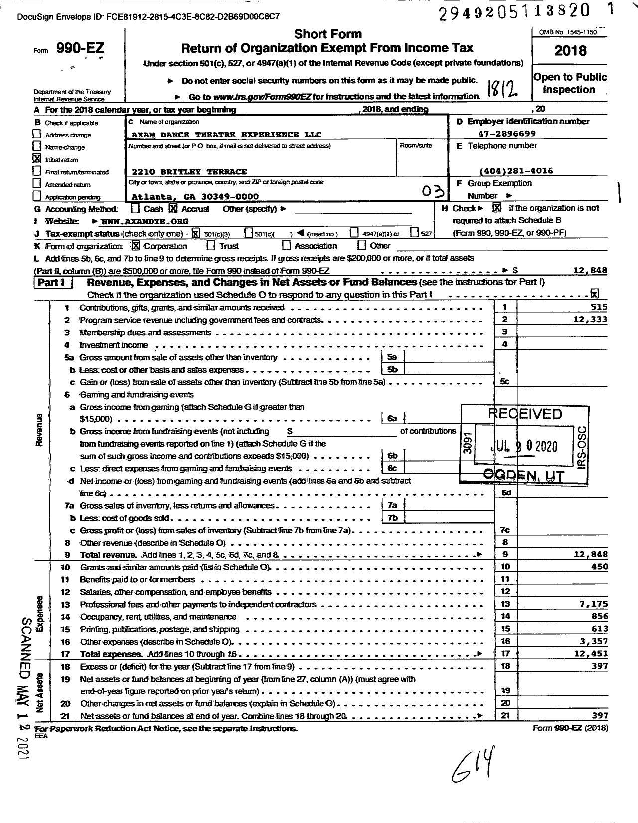 Image of first page of 2018 Form 990EZ for Axam Dance Theatre Experience LLC