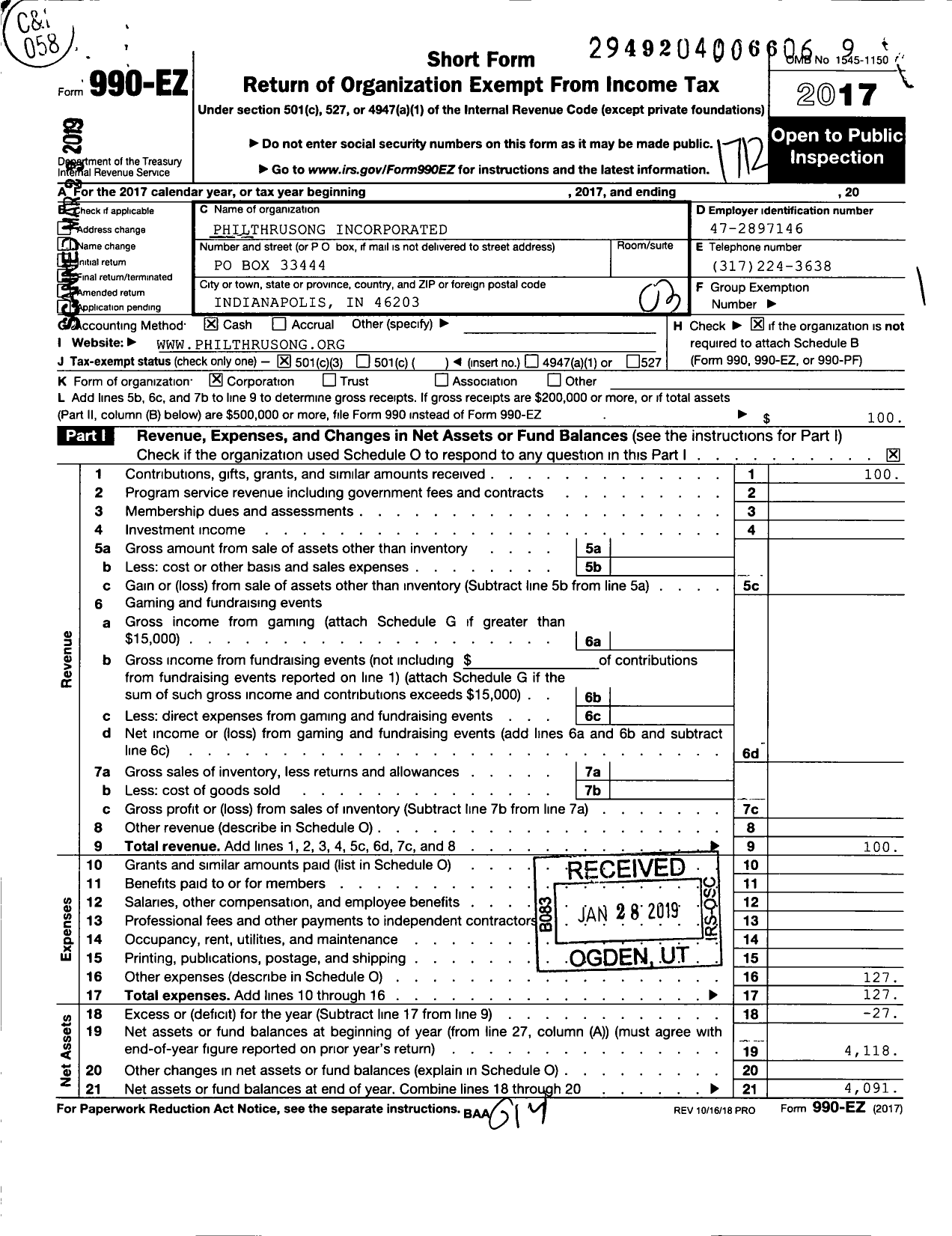 Image of first page of 2017 Form 990EZ for Philthrusong Incorporated