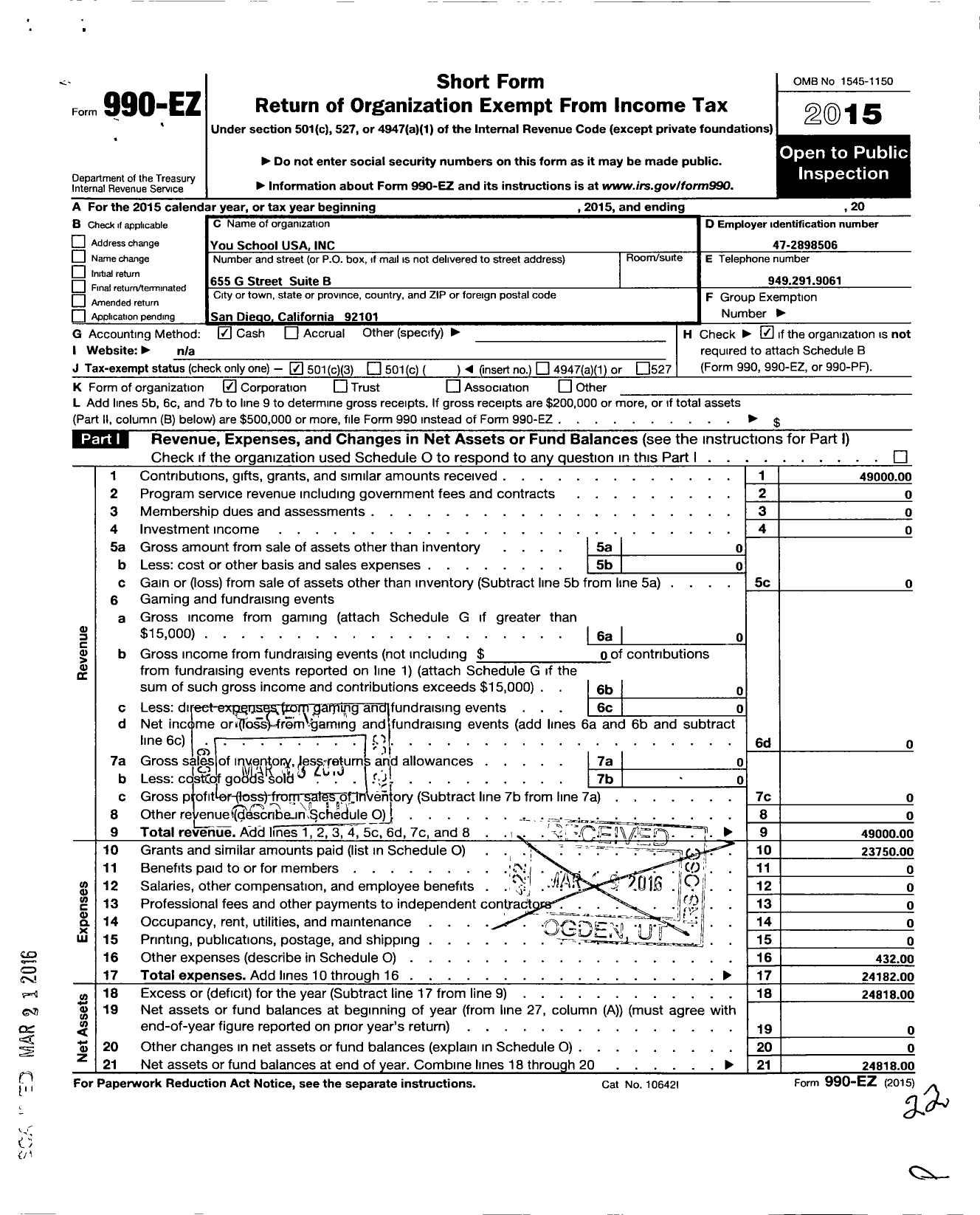 Image of first page of 2015 Form 990EZ for Youschool USA