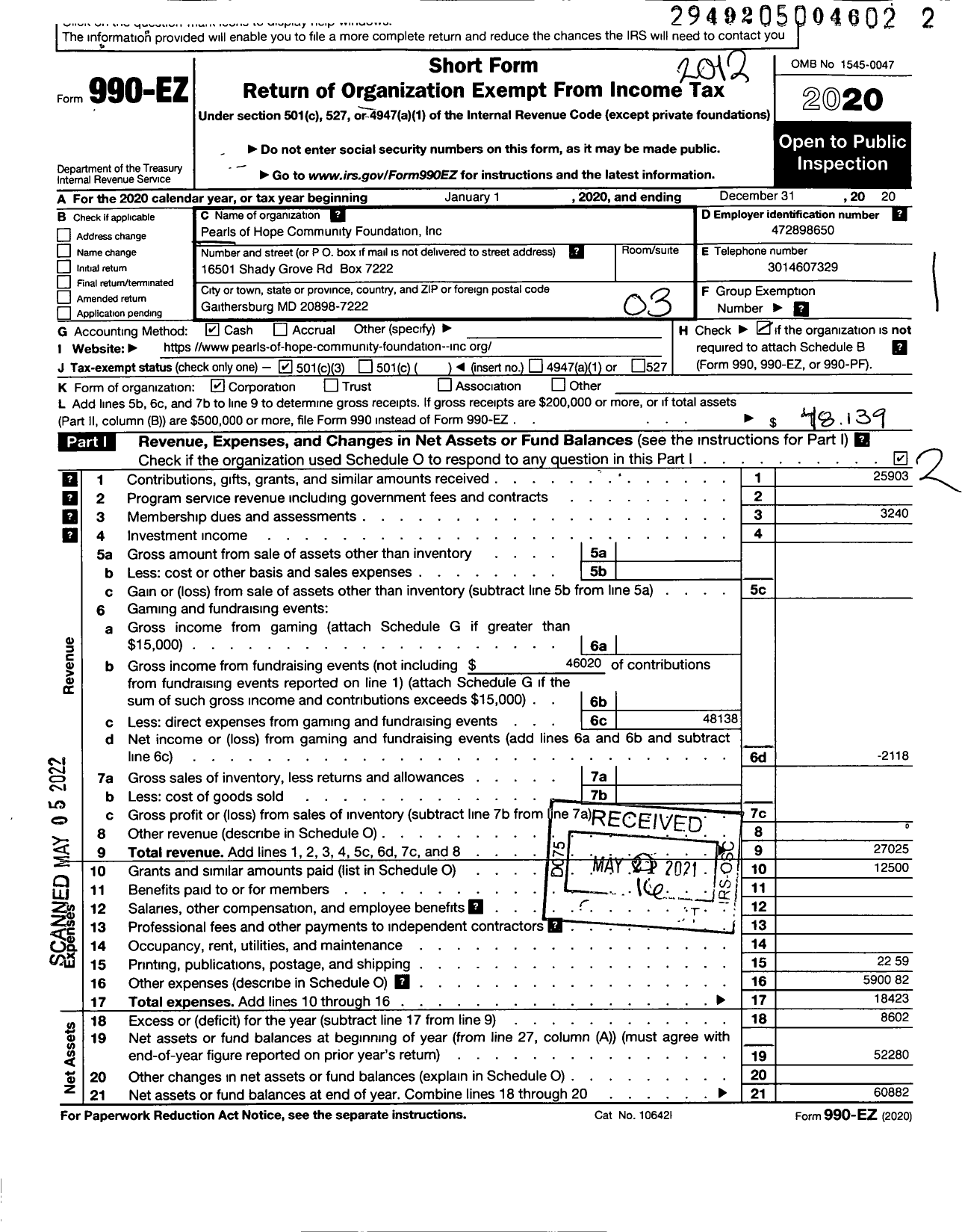 Image of first page of 2020 Form 990EZ for Pearls of Hope Foundation