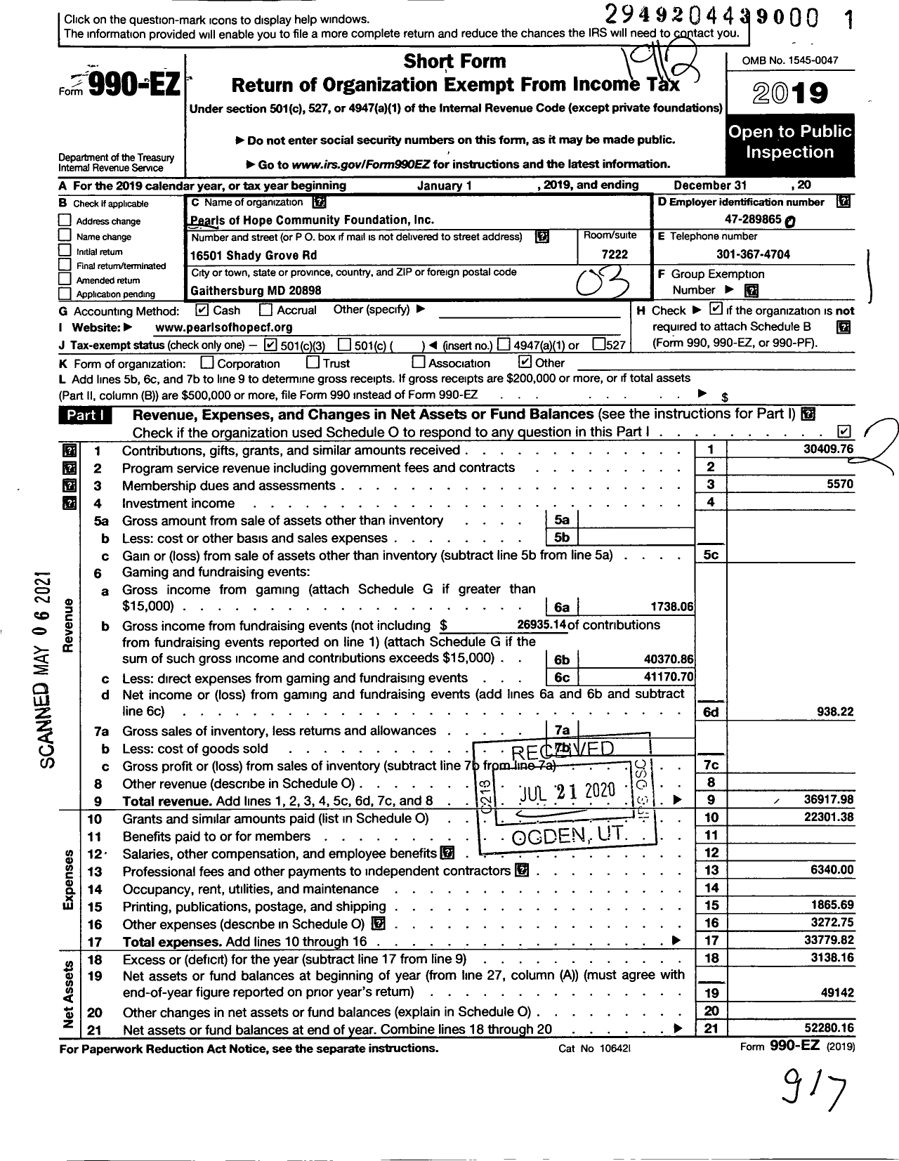 Image of first page of 2019 Form 990EZ for Pearls of Hope Foundation