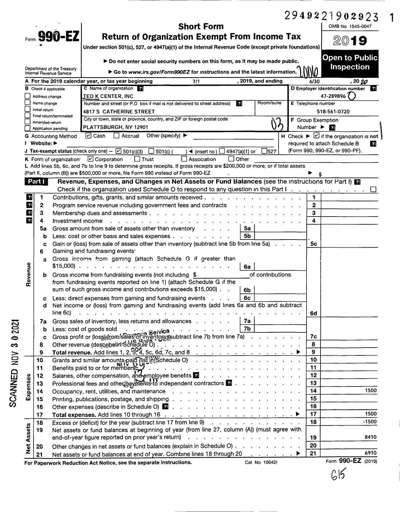 Image of first page of 2019 Form 990EZ for Ted K Center