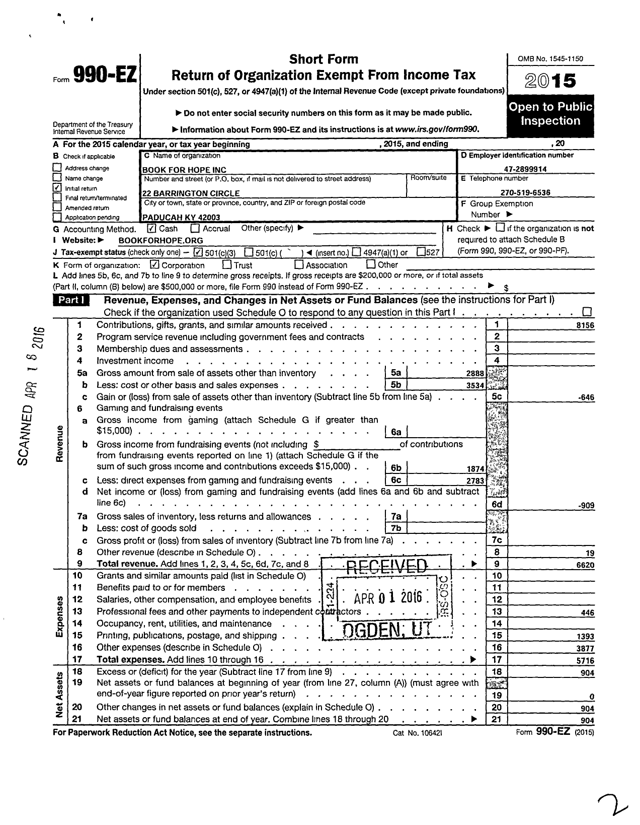 Image of first page of 2015 Form 990EZ for Book for Hope