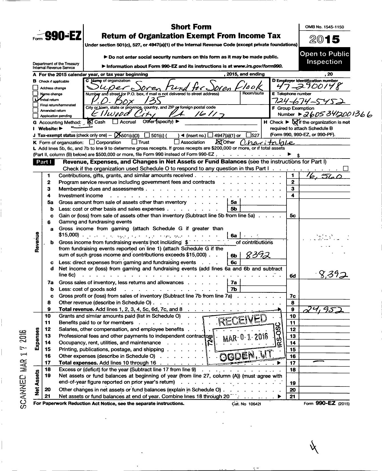 Image of first page of 2015 Form 990EZ for Super Soren Fund for Soren Flook