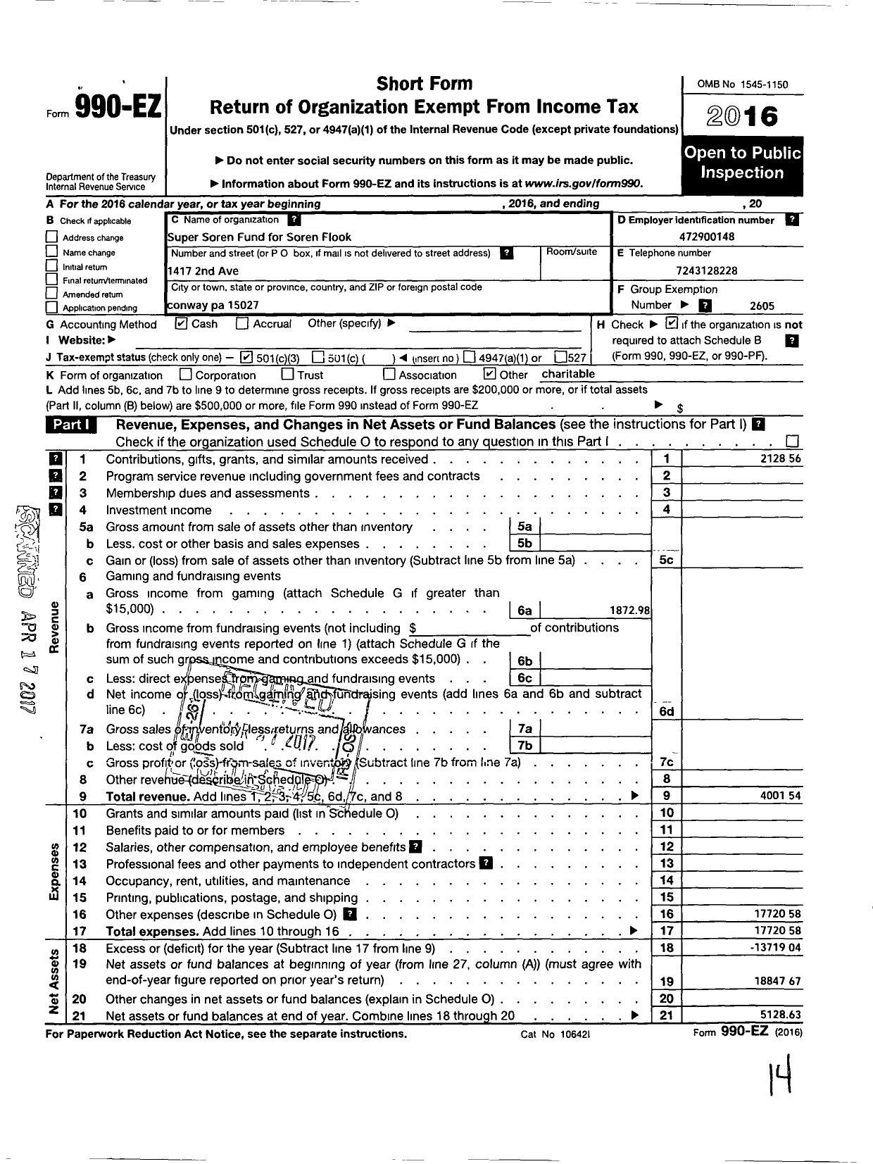 Image of first page of 2016 Form 990EZ for Super Soren Fund for Soren Flook