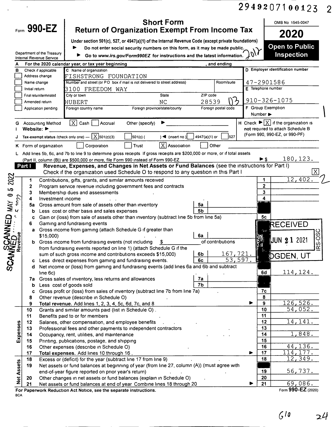 Image of first page of 2020 Form 990EZ for Fishstrong Foundation