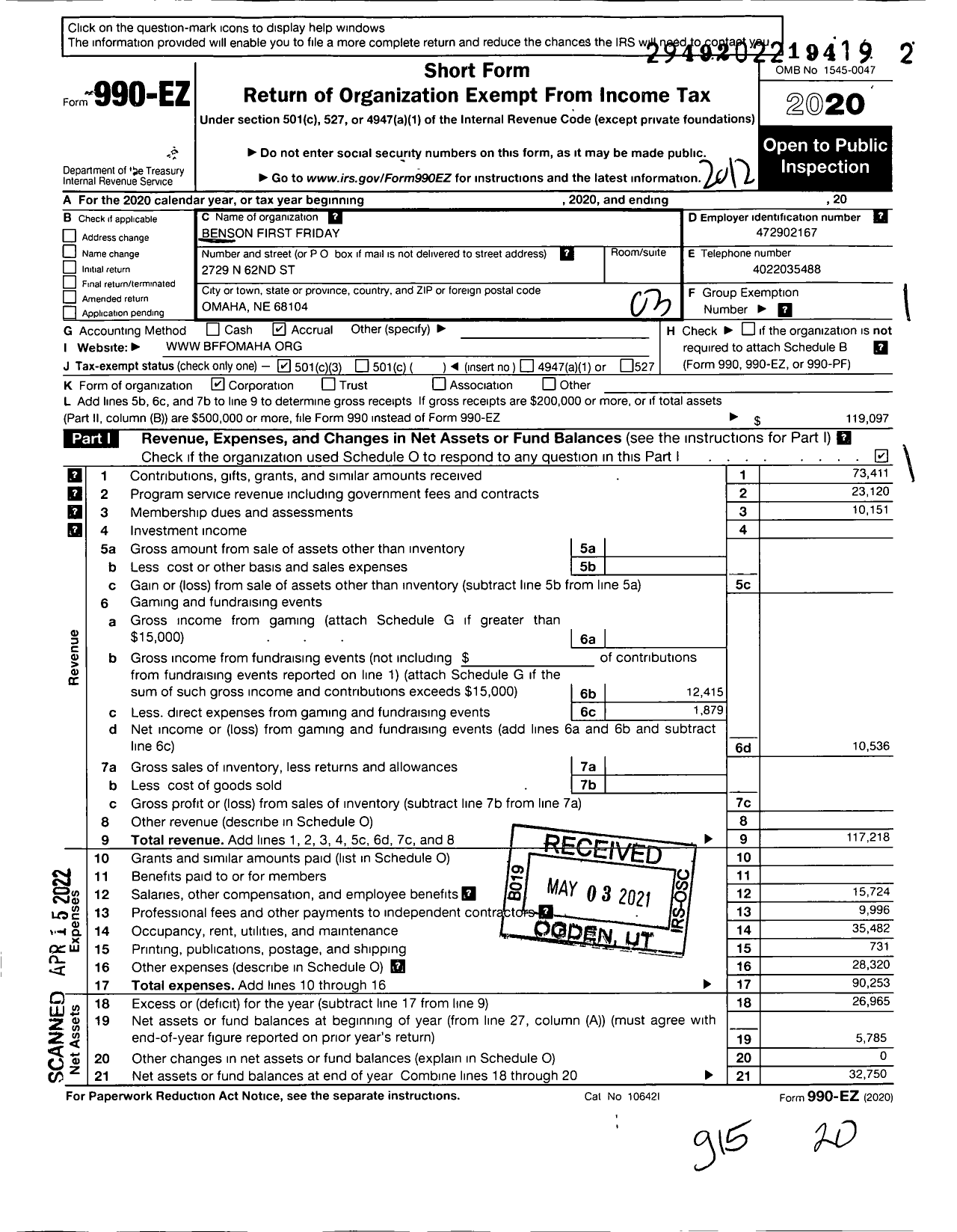 Image of first page of 2020 Form 990EZ for BFF Omaha