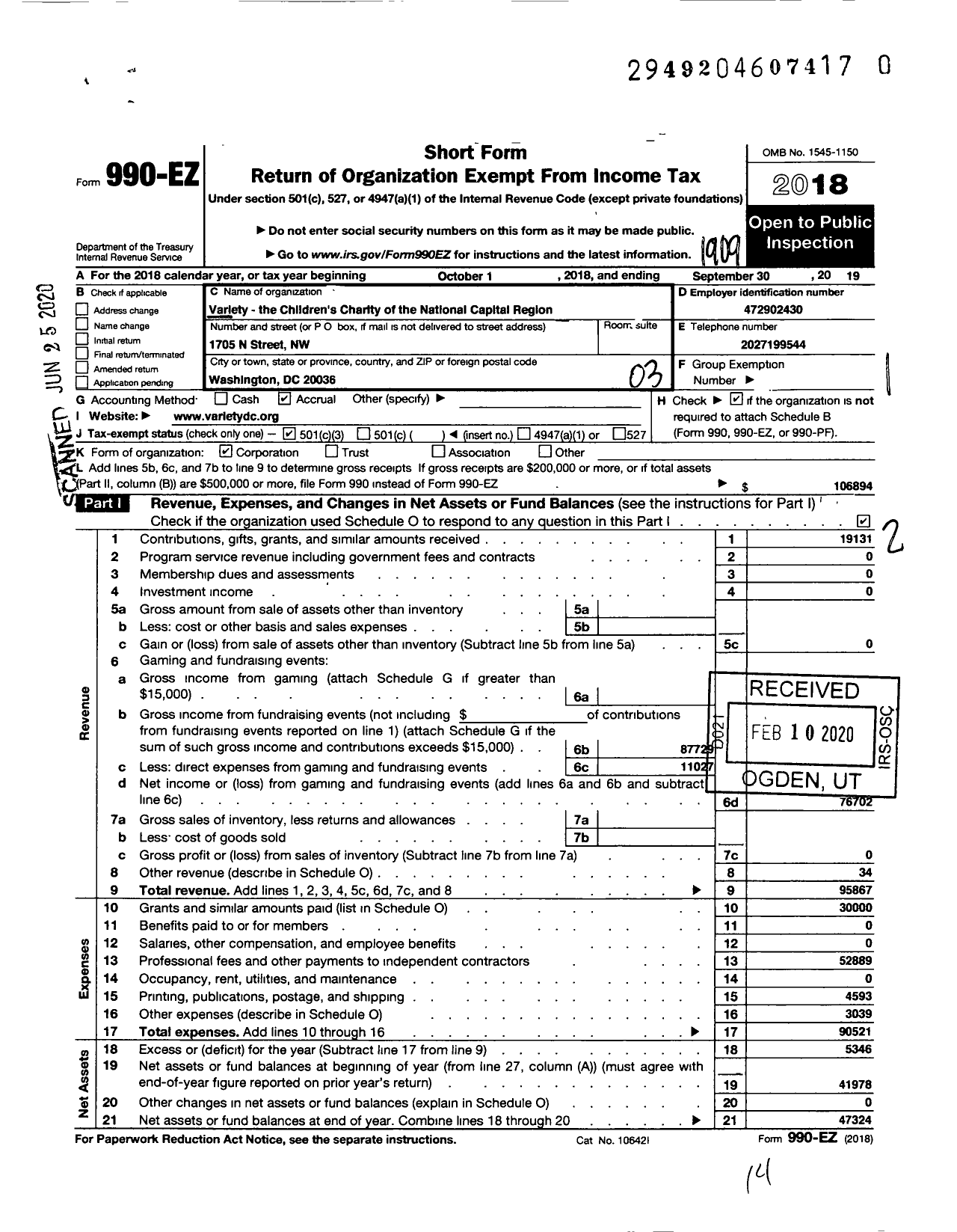 Image of first page of 2018 Form 990EZ for Variety - The Childrens Charity of the National Capital Region
