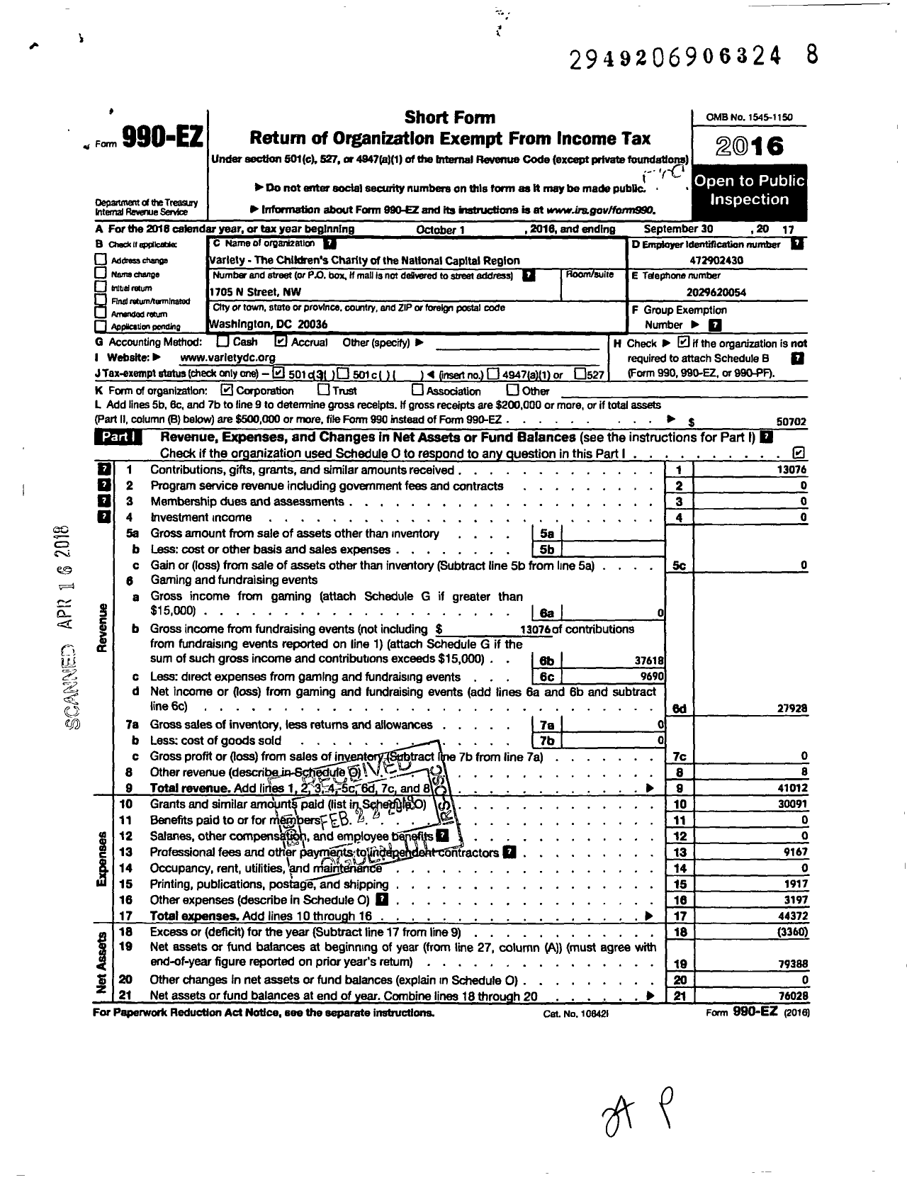Image of first page of 2016 Form 990EZ for Variety - The Childrens Charity of the National Capital Region