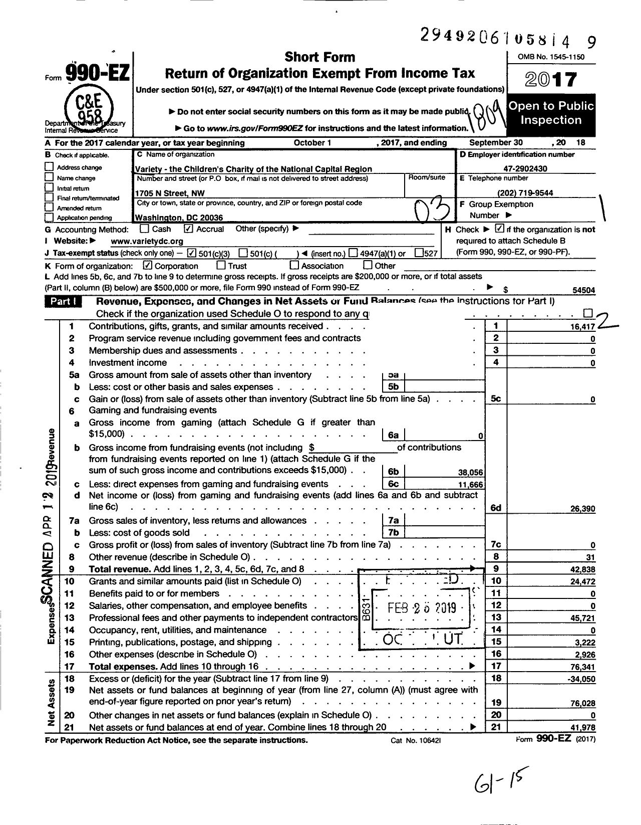 Image of first page of 2017 Form 990EZ for Variety - The Childrens Charity of the National Capital Region