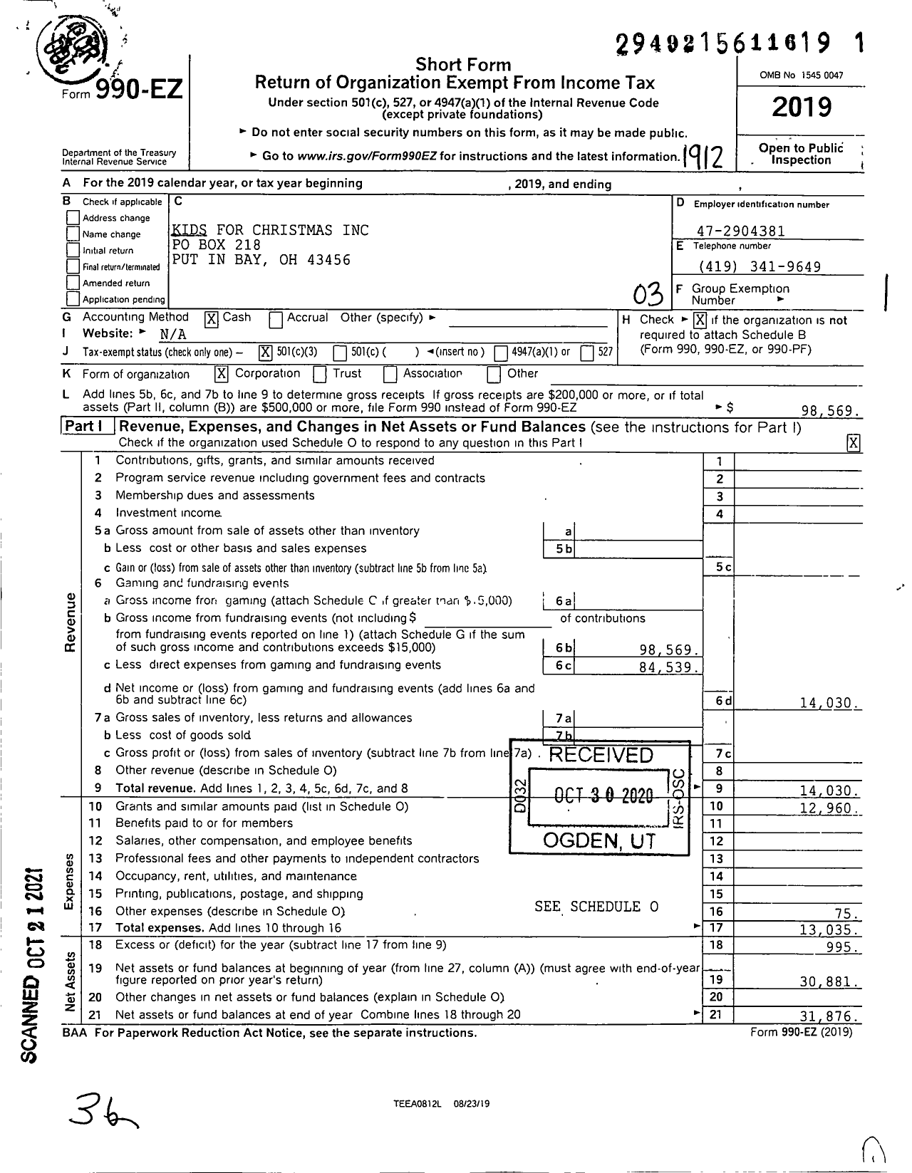 Image of first page of 2019 Form 990EZ for Kids for Christmas