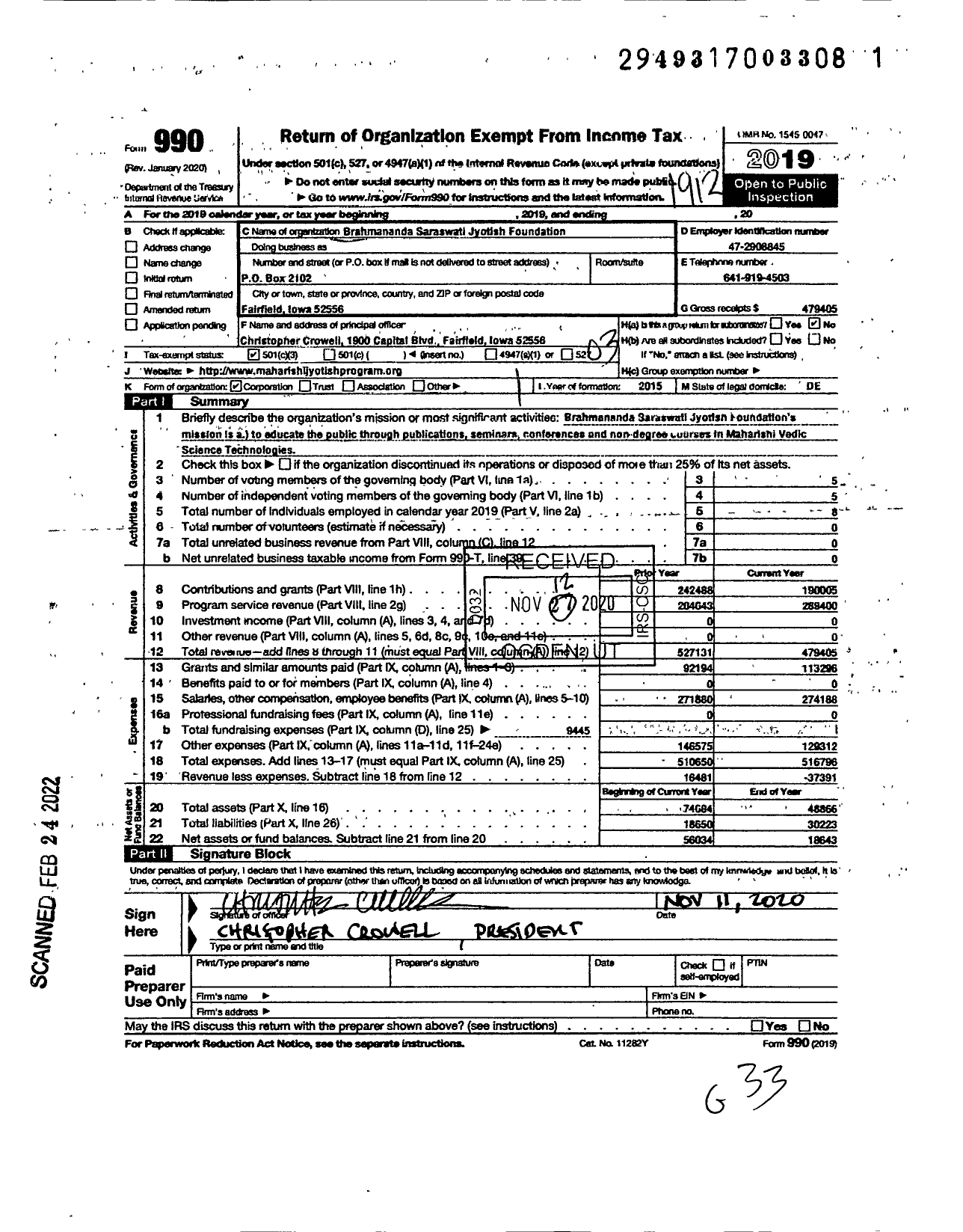 Image of first page of 2019 Form 990 for Brahmananda Saraswati Jyotish Foundation